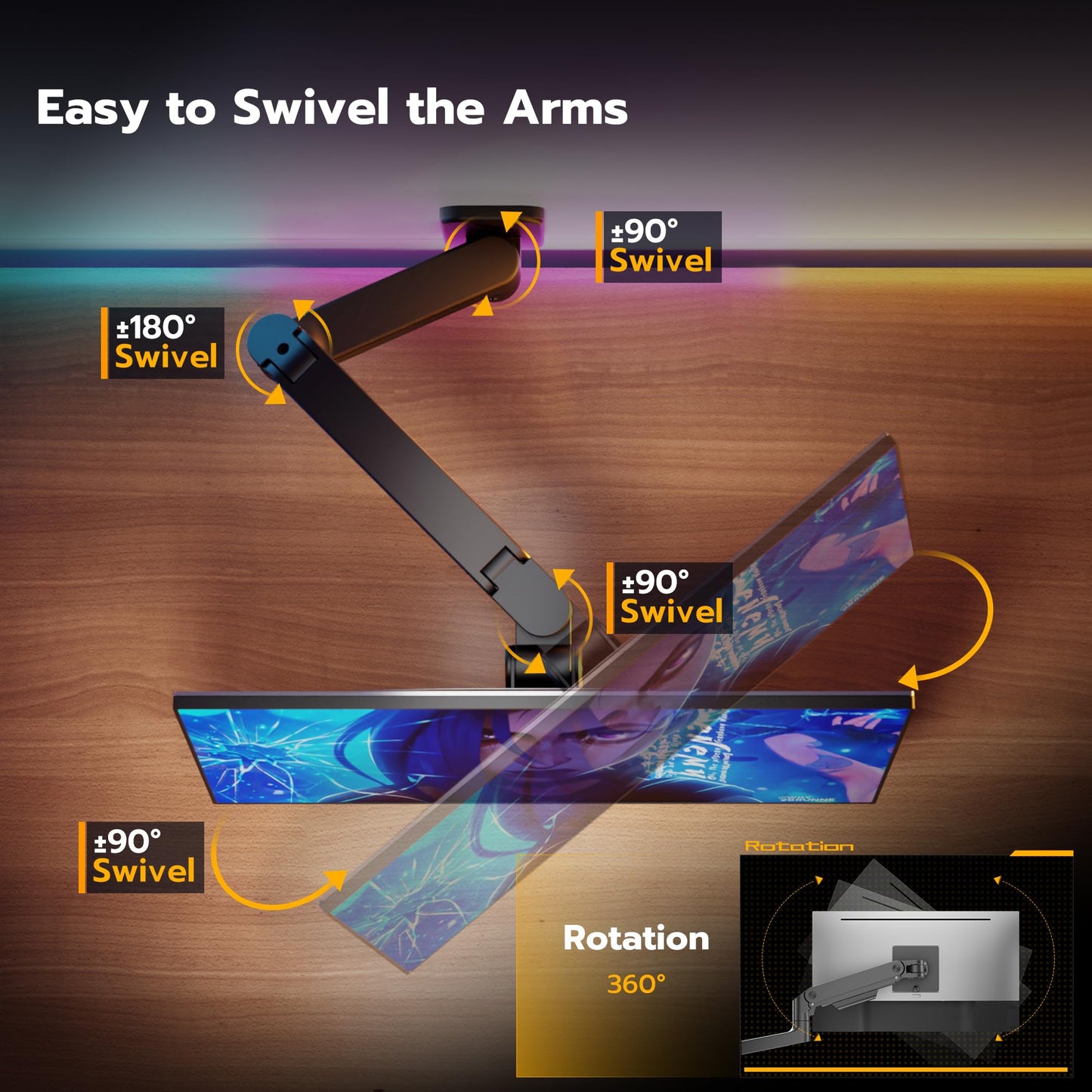 ARES WING Wall Mount Monitor Arm for 17-49 Inch Ultrawide Monitors, Heavy Duty Single Monitor Mount Holds 44 lbs, Fully Adjustable Gas Spring Arm Wall Mount, 75x75/100x100 VESA Mount, Black