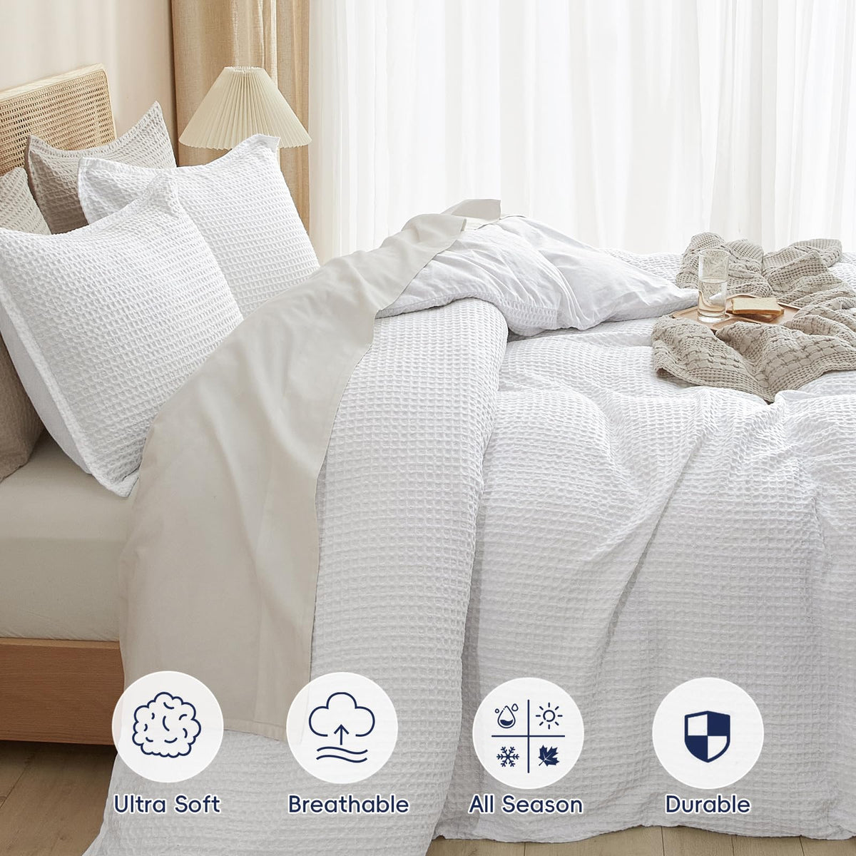 PHF Waffle Weave Duvet Cover Set Queen Size, No Snagging Ultra Soft Luxury Textured Comforter Cover for All Season 3pcs, Durable Bedding Duvet Set with 2 Pillow Shams, 90"x90", White