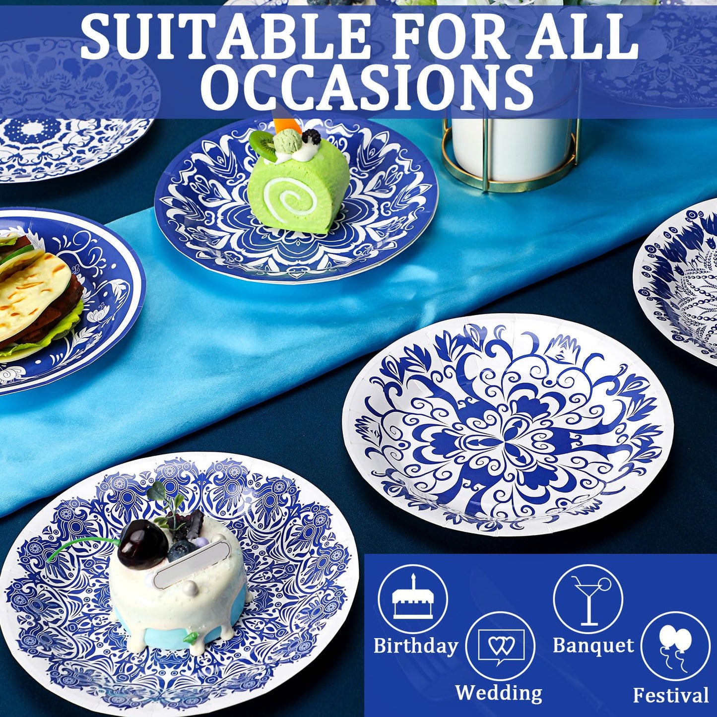 Nitial 120 Pcs Blue and White Flower Paper Plates 9 Inch Chinoiserie Disposable Serve 30 Guests Blue Flower Paper Disposable Dinnerware for Bridal Baby Shower Wedding Tea Party Decor(Round)