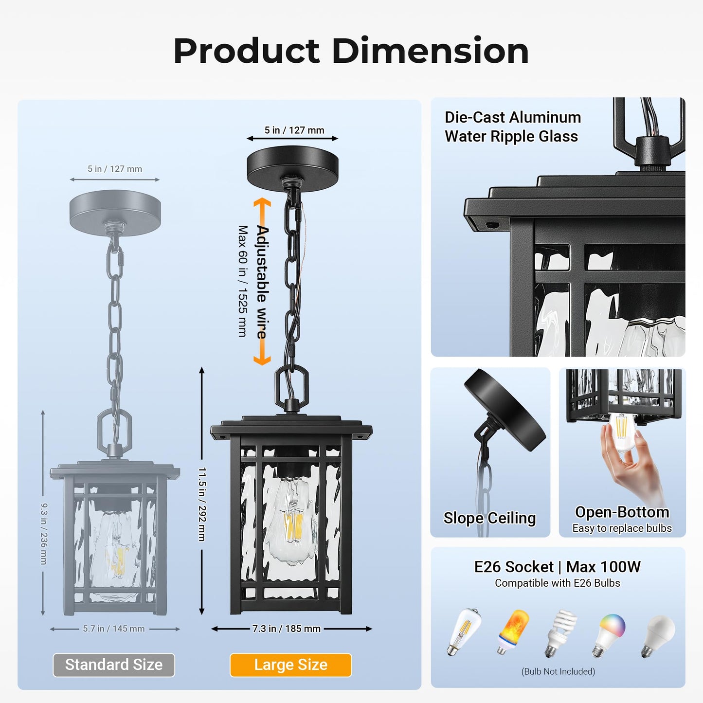 OPAXIS Large Outdoor Pendant Light, Black Hanging Light Fixture with Adjustable Chain, Anti-Rust 100% Aluminium Outdoor Chandelier for Porch, Waterproof Exterior Pendant Lantern for Gazebo, Front Door