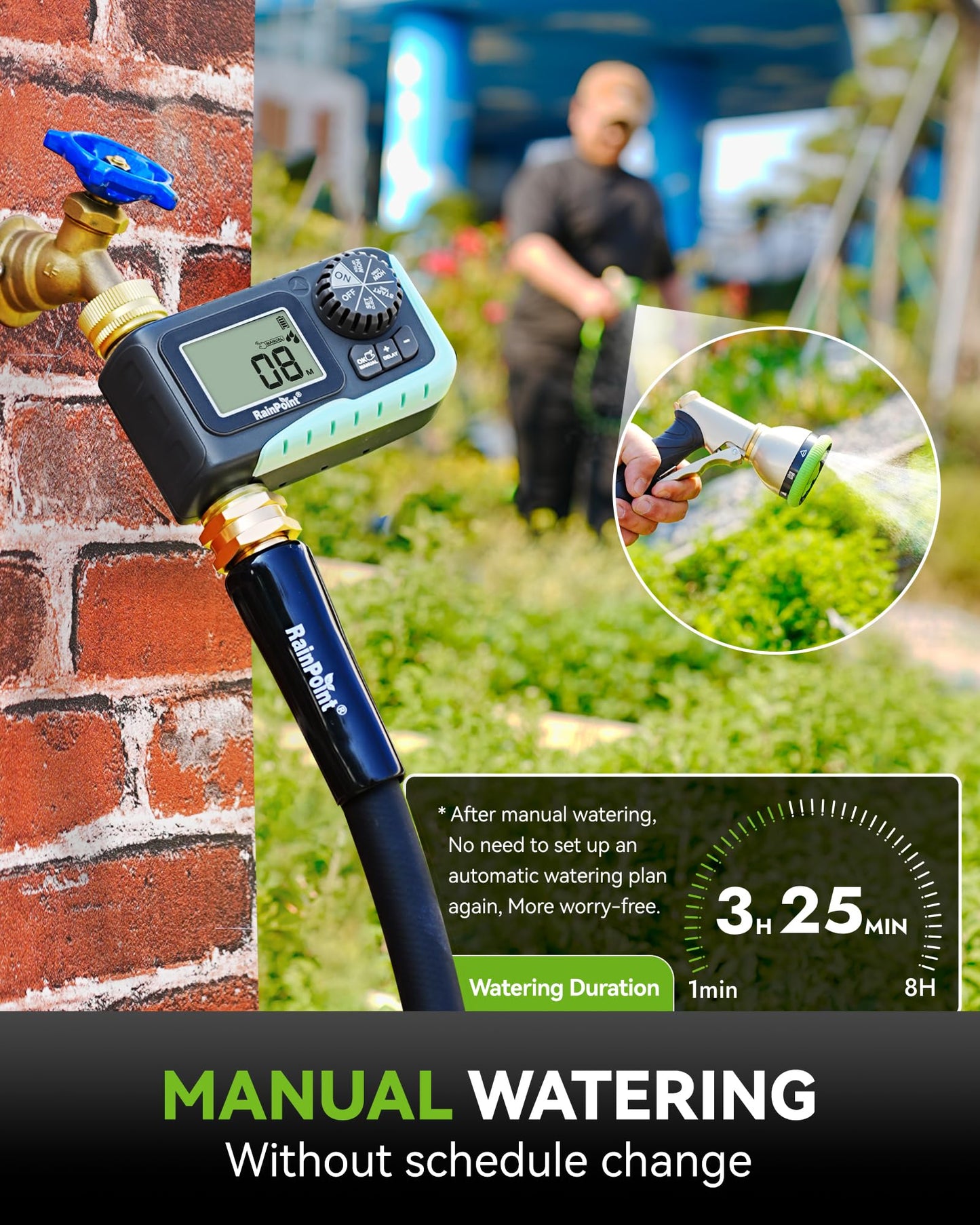 RAINPOINT Sprinkler Timer, 100% Metal Pipe Water Timer for Garden Hose, Programmable Hose Controller for Watering, Sprinkler Controller with Manual Watering/Rain Delay for Outdoor Lawn & Garden 1 Zone