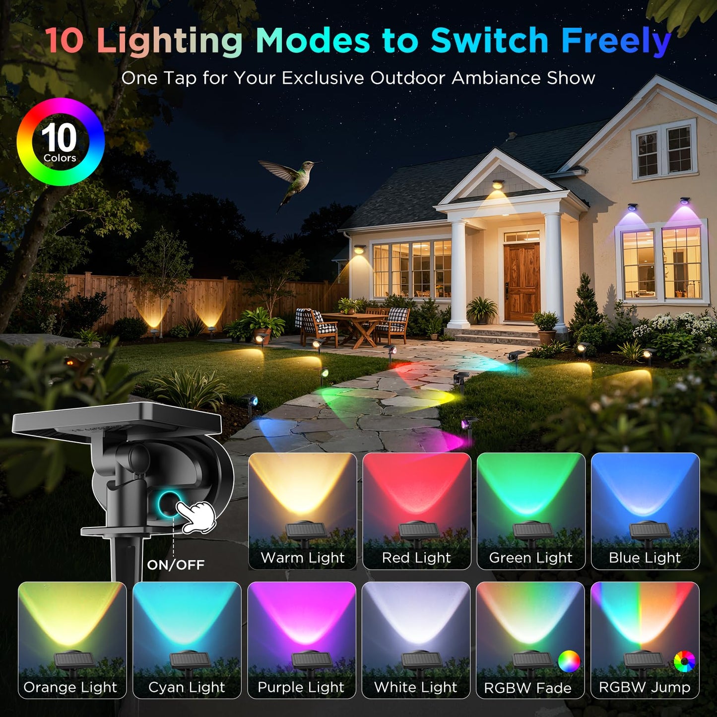 Quntis 6-Pack RGBCW Solar Spot Lights Outdoor, Upgrade Brighter Optical Lens,10 Color Changing Solar Landscape Spotlights,Waterproof Wall & Ground Solar Lights Outdoor for Garden Yard Path Wall