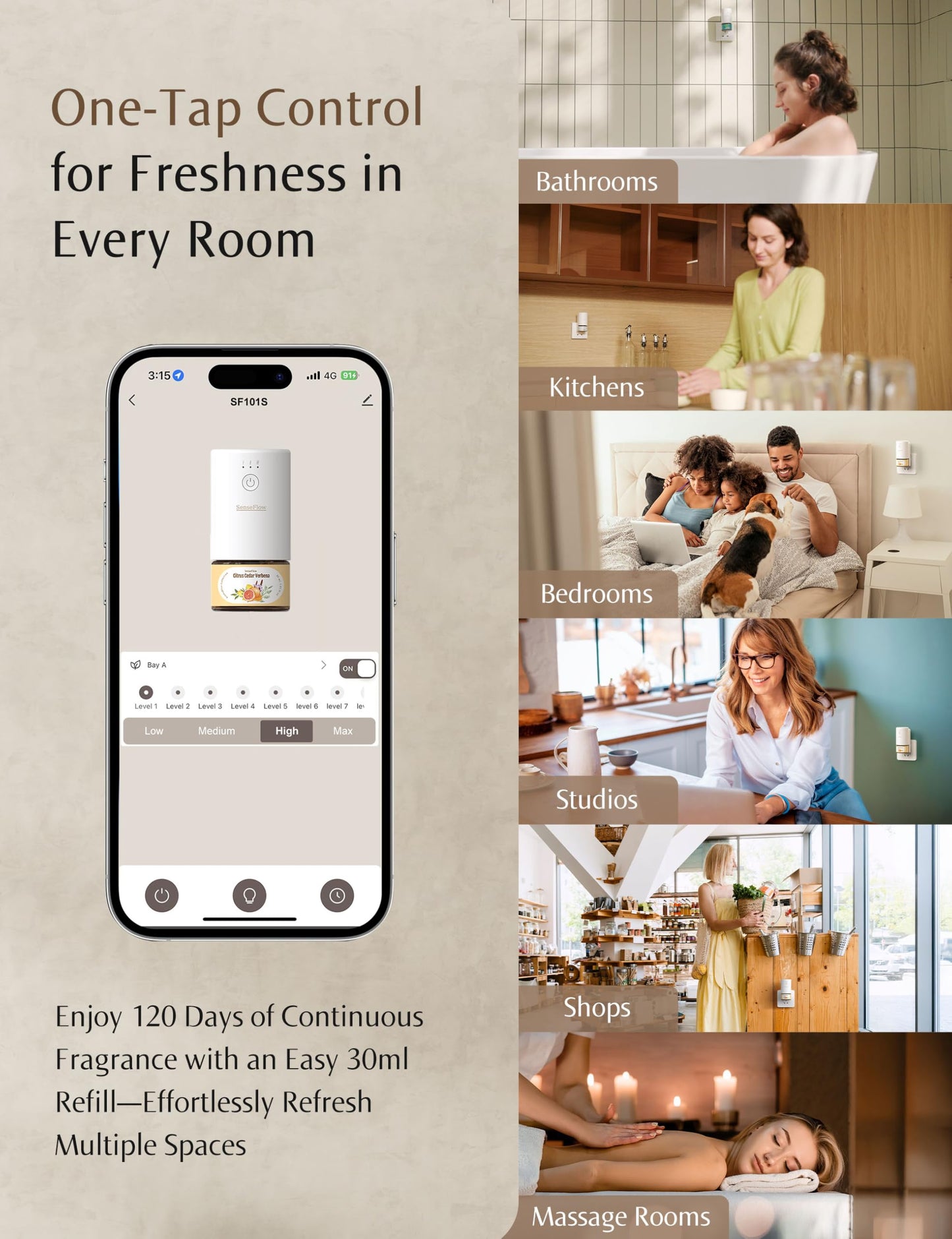 SenseFlow SF101S Pro Smart Plug in Air Freshener for Home, Waterless Essential Oil Diffuser, Aromatherapy Home Diffuser, 120-Day Natural Aroma Mist, Covers 1000 Sq Ft – Free 30ml Jasmine Berry Bloom