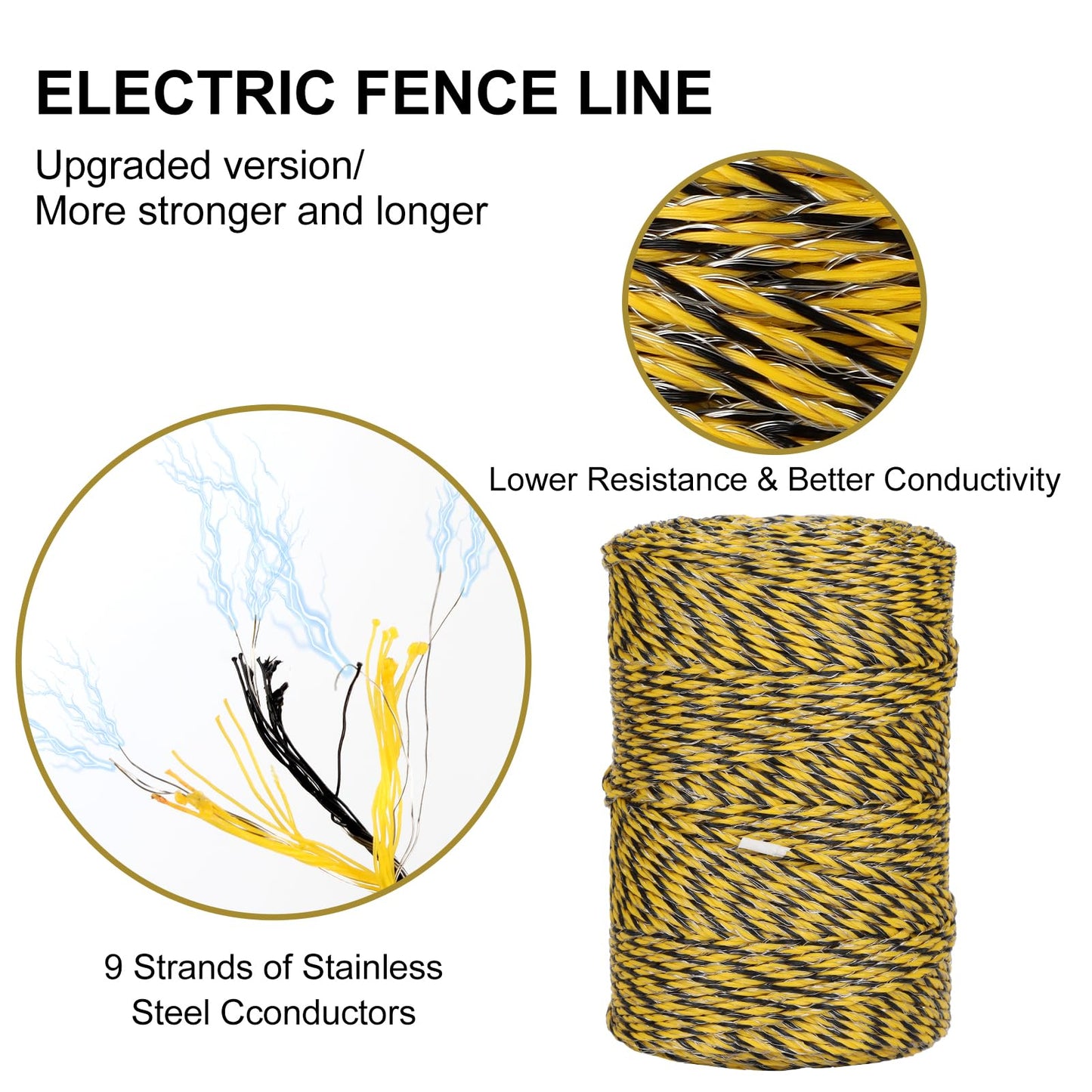 Electric Fence Wire Kit - Upgraded 660 Feet 9 Strands Electric Fence Polywire with Reliable Conductivity & Rust Resistance - 50 Pcs Electric Fence Insulator with 1 Pcs Socket Tool & Glove
