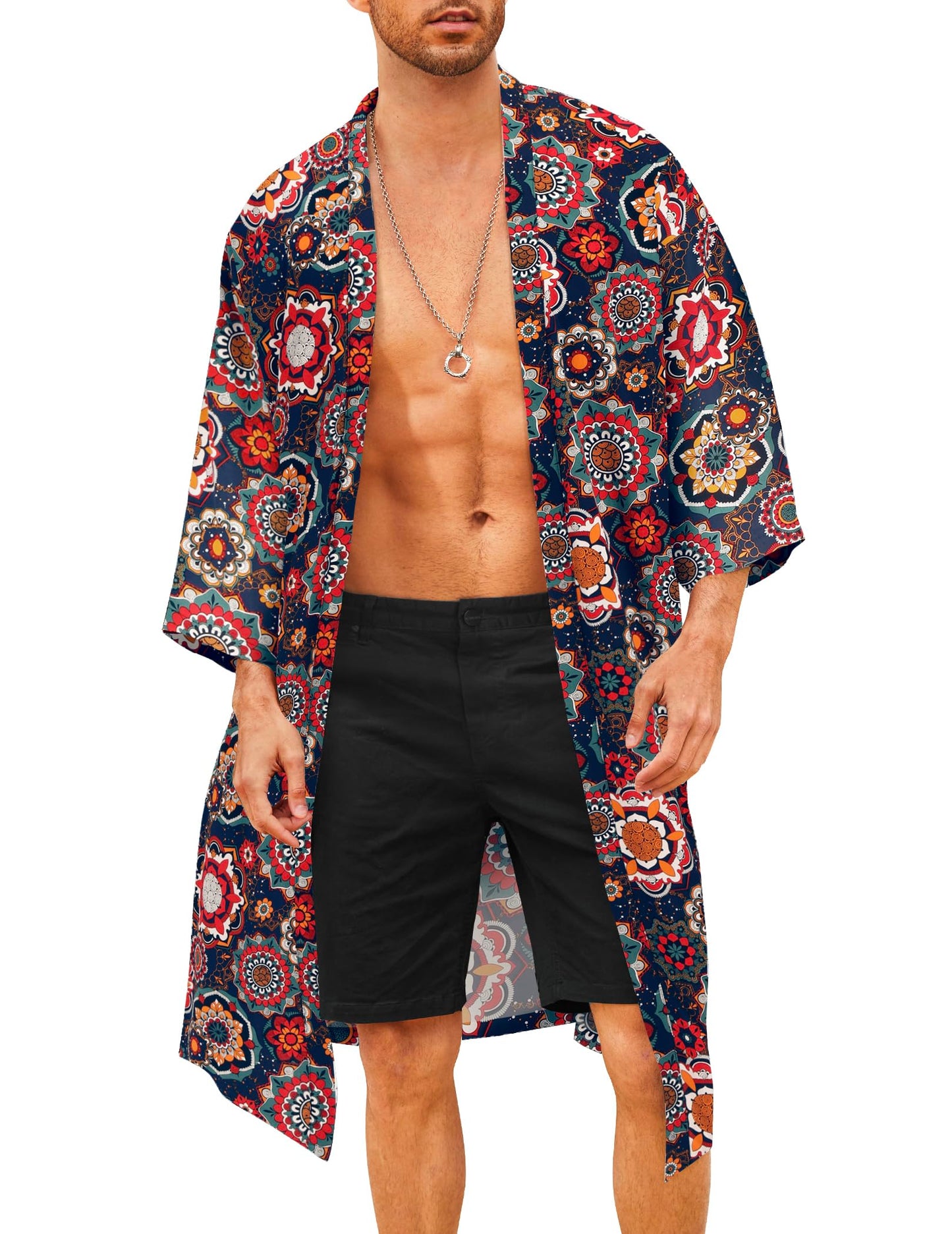 COOFANDY Men's Lightweight Kimono Robe Jacket Printed Japanese Style Bathrobes Casual Open Front Long Cardigan Coat Outwear, Blue Red (Ethnic Style), Small