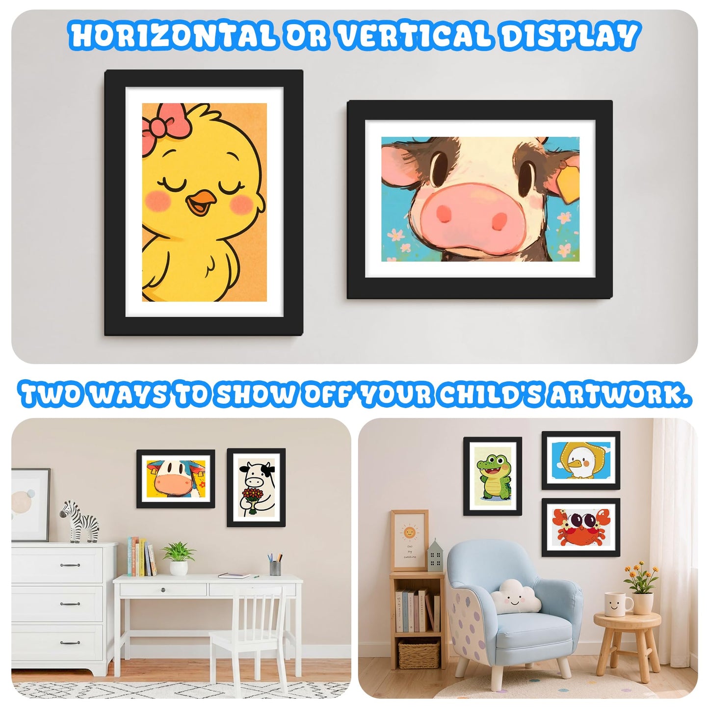 4 Pack Kids Artwork Frames Changeable 8.5 x 11 Inch Children Art Projects Display Storage Frame Front Opening Picture Art Frames for Wall Fits Children Drawings, Photos, Certificates (Black)