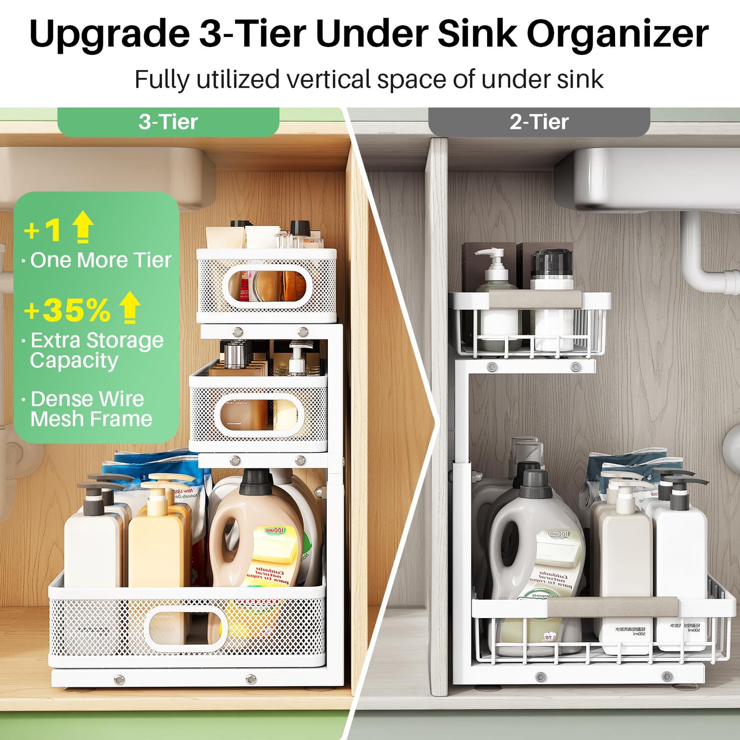 Kitstorack Under Sink Organizer, 1-Pack 3-Tier Height Adjustable Thickened Metal Pull Out Cabinet Organizer Shelf, Slide Out Storage Drawer Rack for Bathroom Kitchen Pantry Home Laundry Organization