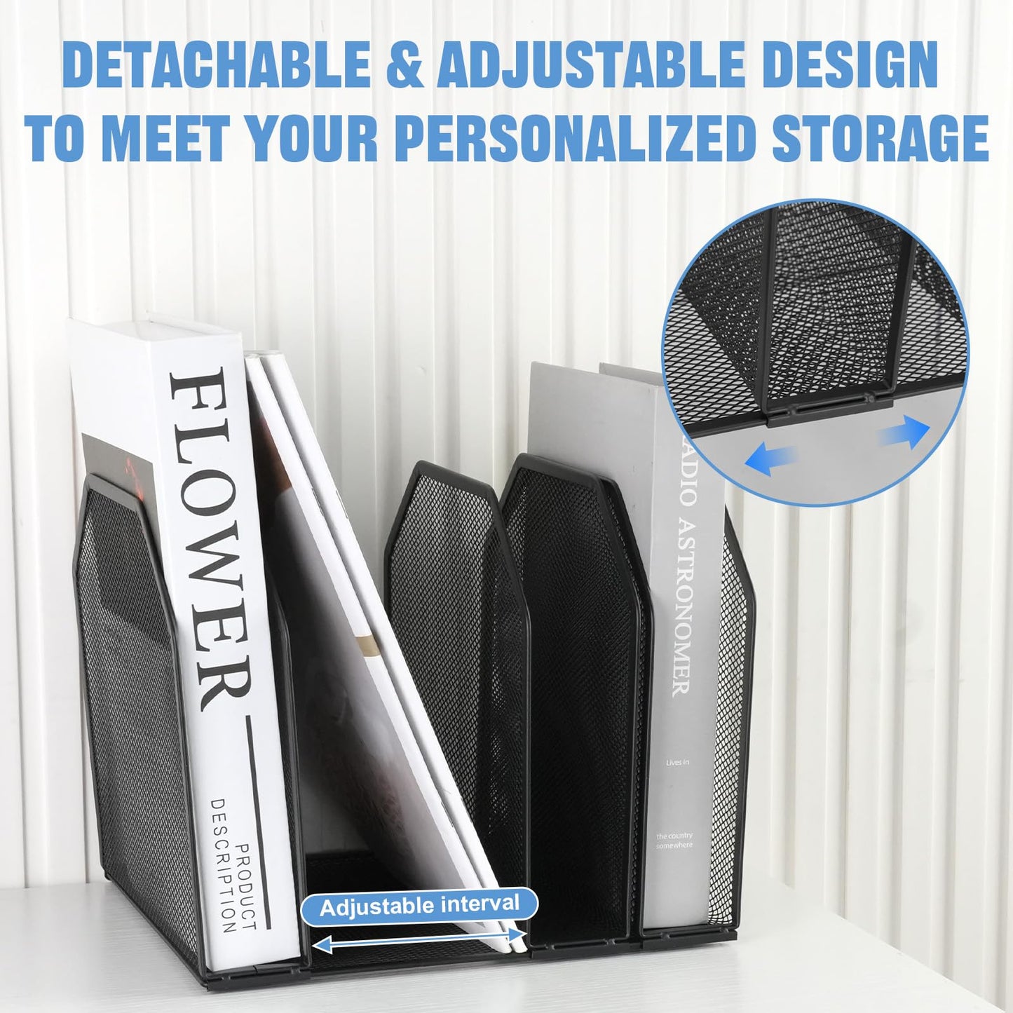 RUITENG 2 Pack Mesh File Sorter Organizer for Desktop, 5-Section Black Metal Vertical Desk File Organizer, Adjustable Upright Bookshelf File Holder Stand for Office Home Classroom Documents Books