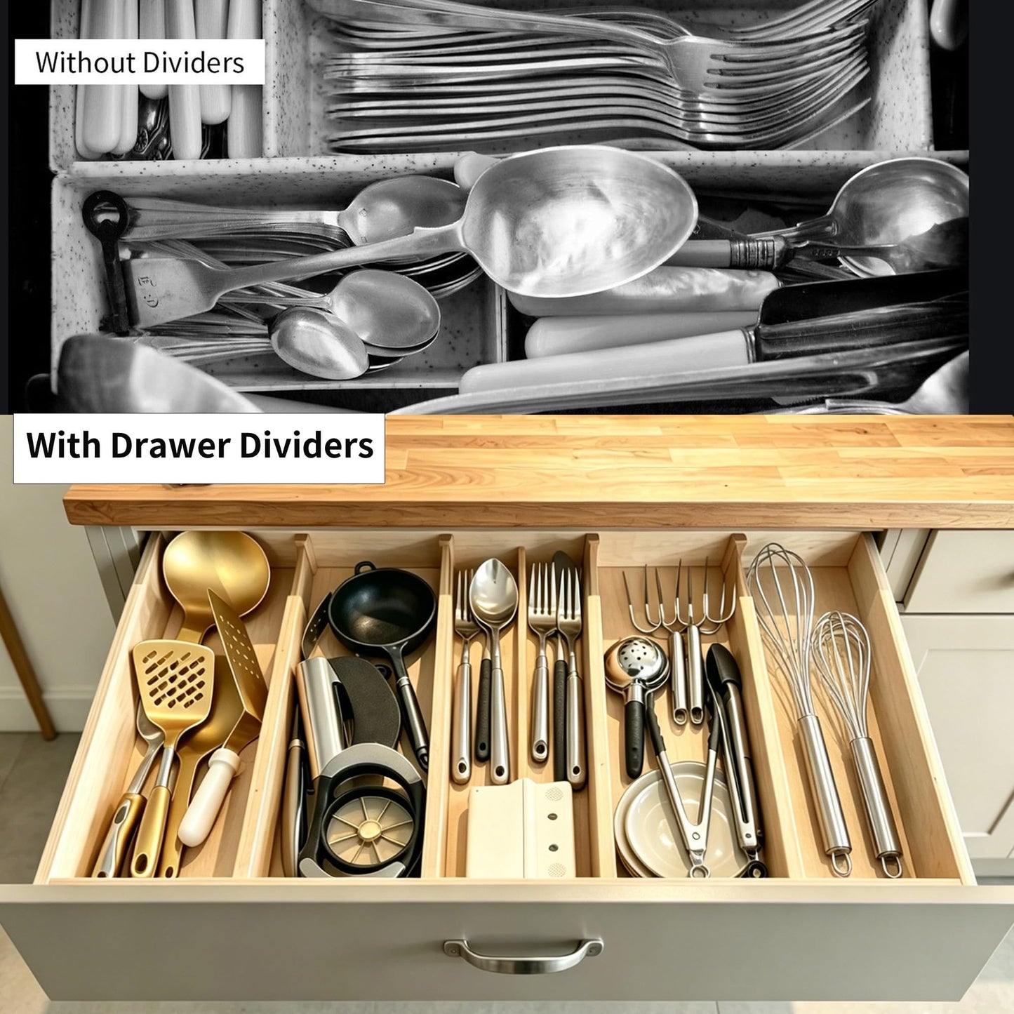 Utoplike 4 Pack Bamboo Kitchen Drawer Dividers,Adjustable Drawer Organizers,Spring Loaded,Works in Kitchen,Dresser,Bathroom,Bedroom,Drawer,Desk