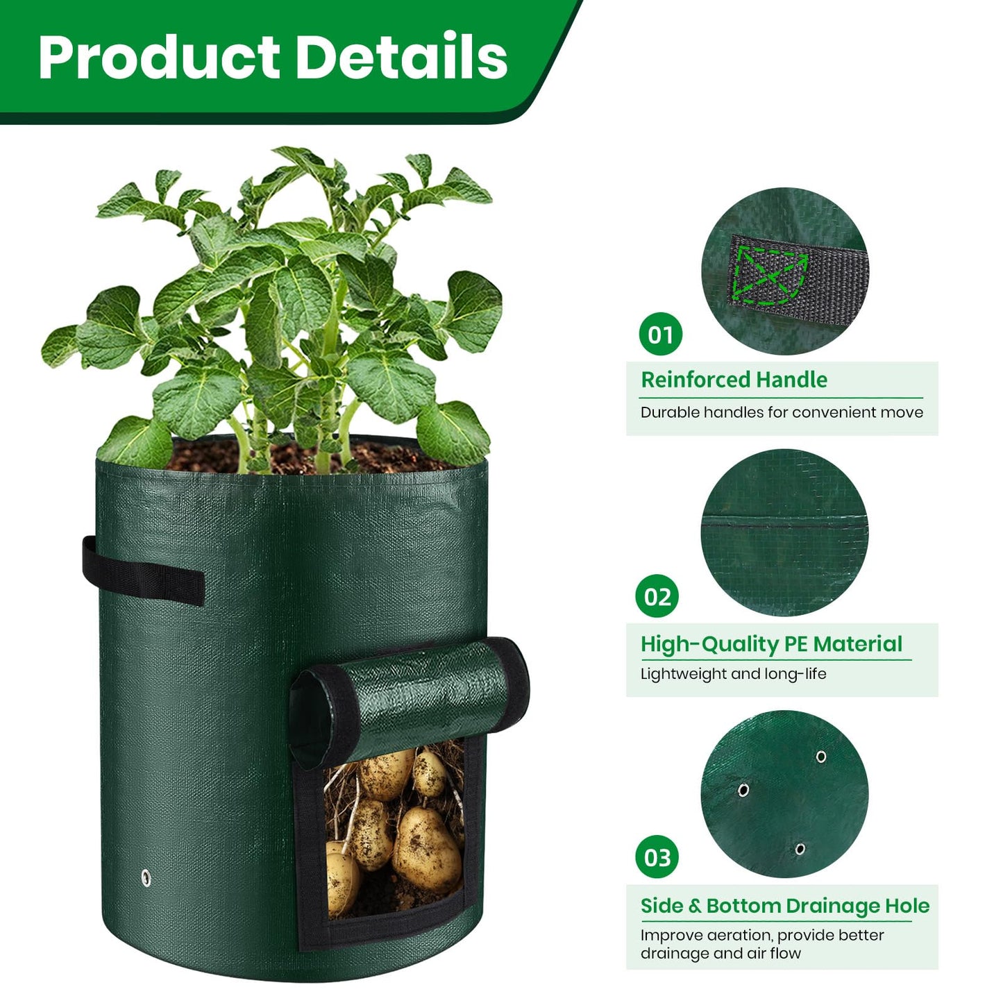 8 Pack Grow Bags, 10 Gallon Potato Growing Bags Durable PE Vegetable Planter Bag with Flap and Handles Large Garden Pots Potato Growing Containers for Vegetables, Fruits and More