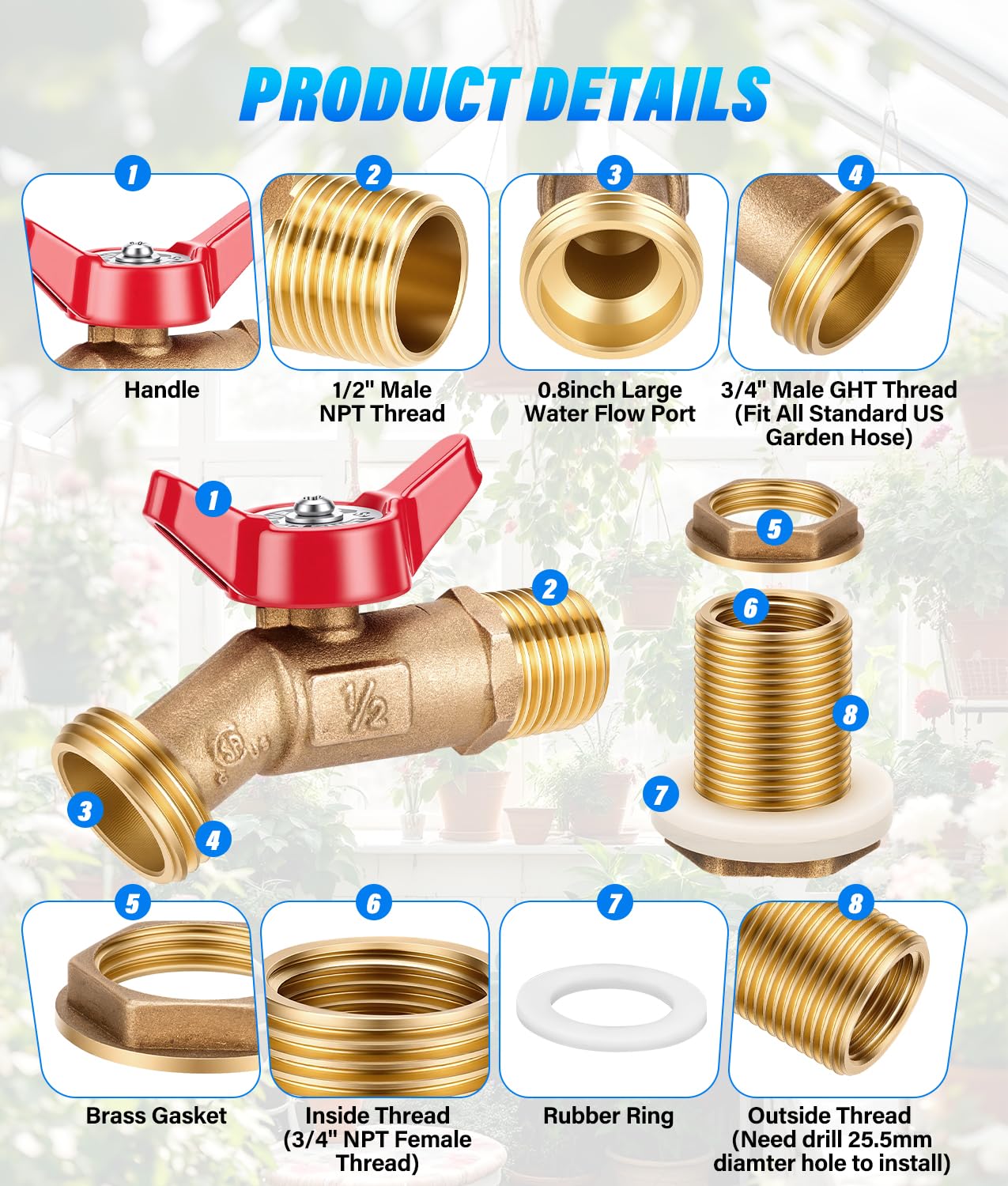 WADEO 2PCS Brass Rain Barrel Spigot Kit, Quarter Turn Ball Valve Spigot with Bulkhead Fitting, Rain Barrel Kit for Any Including 5 55 Gallon Drum Spigot Bucket