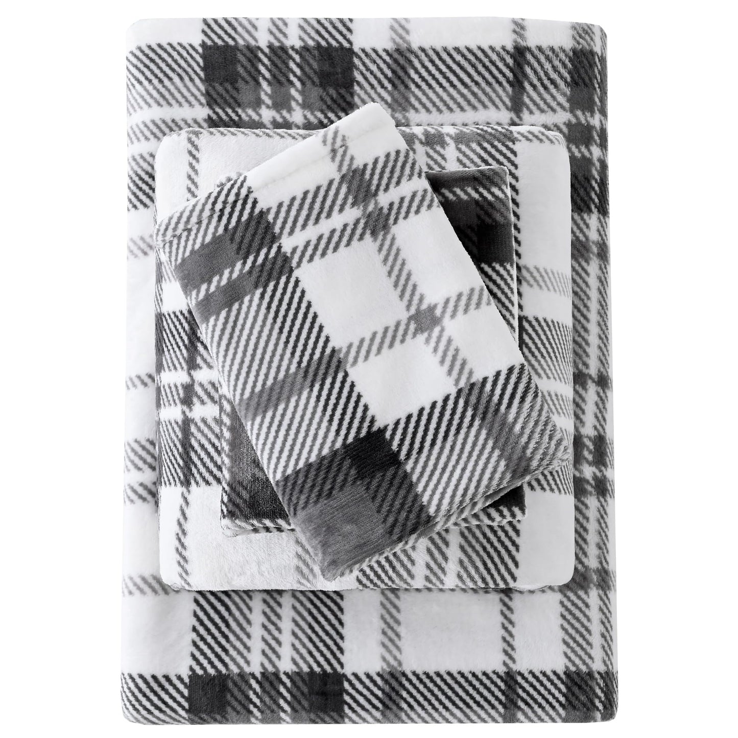 Viviland Plush Micro Fleece Queen Bed Sheet Set - Soft Fuzzy Polar Fleece Velour Velvet Sheets - Extra Warm Winter Fleece Bed Sheets with 15" Deep Pocket - Grey Plaid - Queen