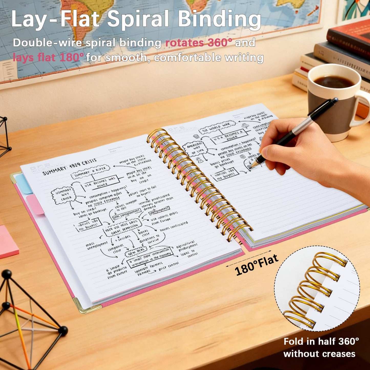 Hardcover Spiral Notebook with Removable Dividers & Tabs, 8"x10" 5 Subject Notebooks for Work, 300 Pages College Ruled Notebook, Sparkle Lined Journal for Women Girls Students Note-Taking
