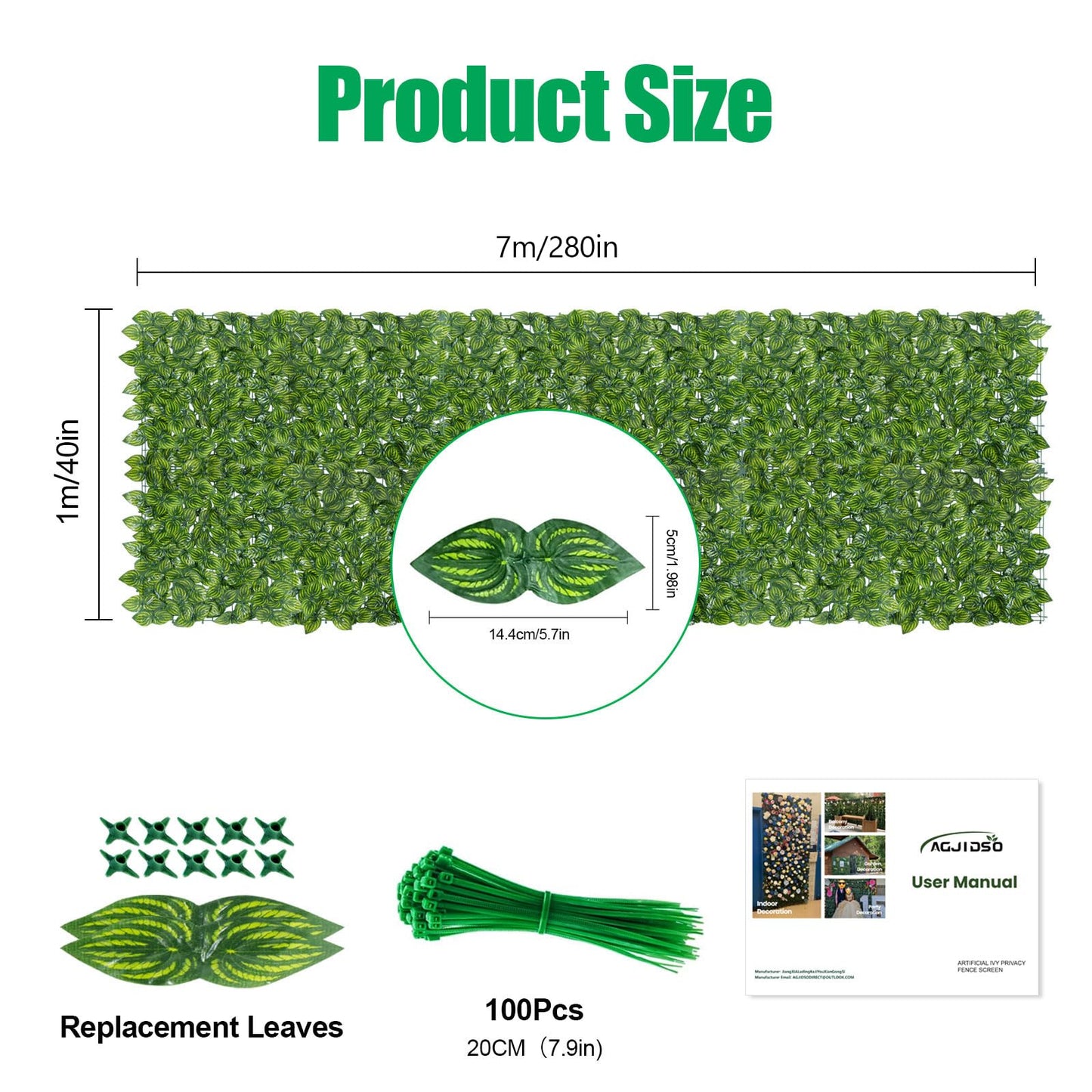 Artificial Ivy Privacy Fence Screen 280"x40", Privacy Screen for Balcony and Garden,Artificial Faux Ivy Hedge,Grass Wall for Indoor and Outdoor Deco with 100PCS Zip Ties (Upgrade Watermelon Leaves)