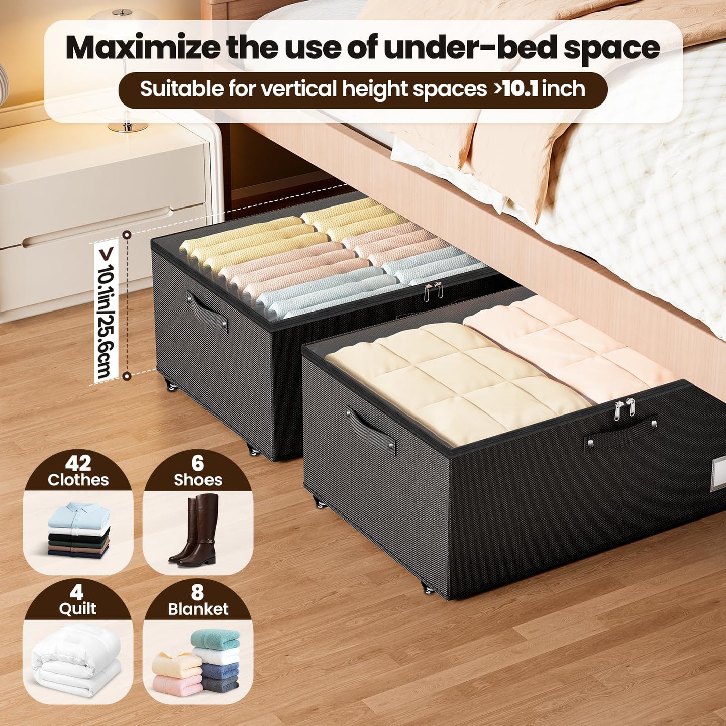 Dayacoco Under Bed Storage with Wheels, 2 Pack Under Bed Storage Containers with Clear Lids, 10 inch Rolling Under Bed Metal Drawer for Clothes, Shoes, Toys, Books, Blankets (Black)
