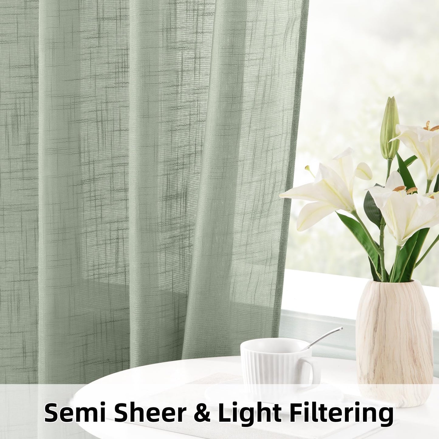 HOMEIDEAS Sage Green Linen Sheer Curtains 84 Inches Long 2 Panels Textured Semi Sheer Curtains Farmhouse Curtains Sheer Privacy Window Curtains for Bedroom Living Room