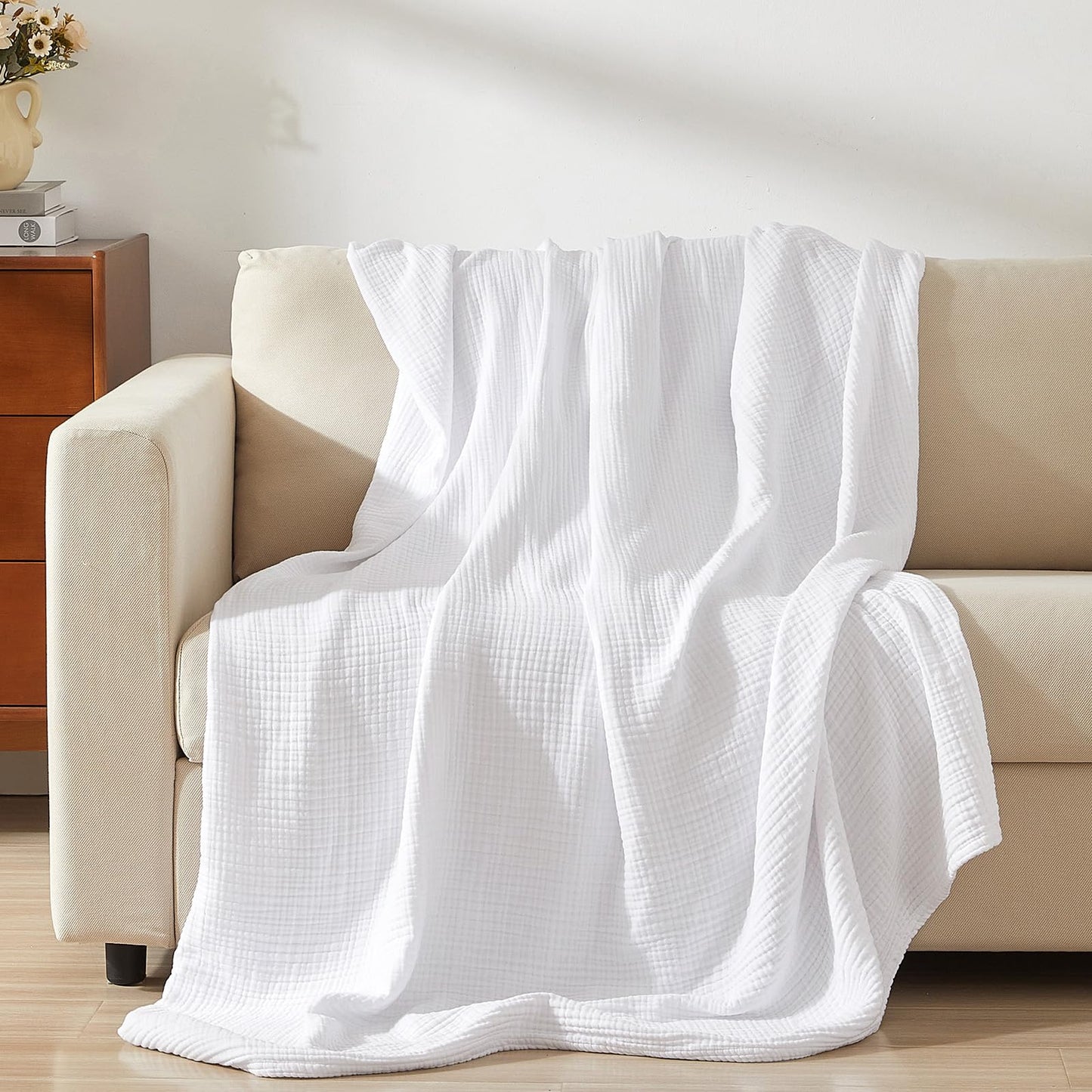 PHF 100% Cotton Muslin Blanket Queen Size 90" x 90", 4-Layer Lightweight and Breathable Blanket for Summer, Luxuriously Soft Gauze Bedding for Home Decor, White