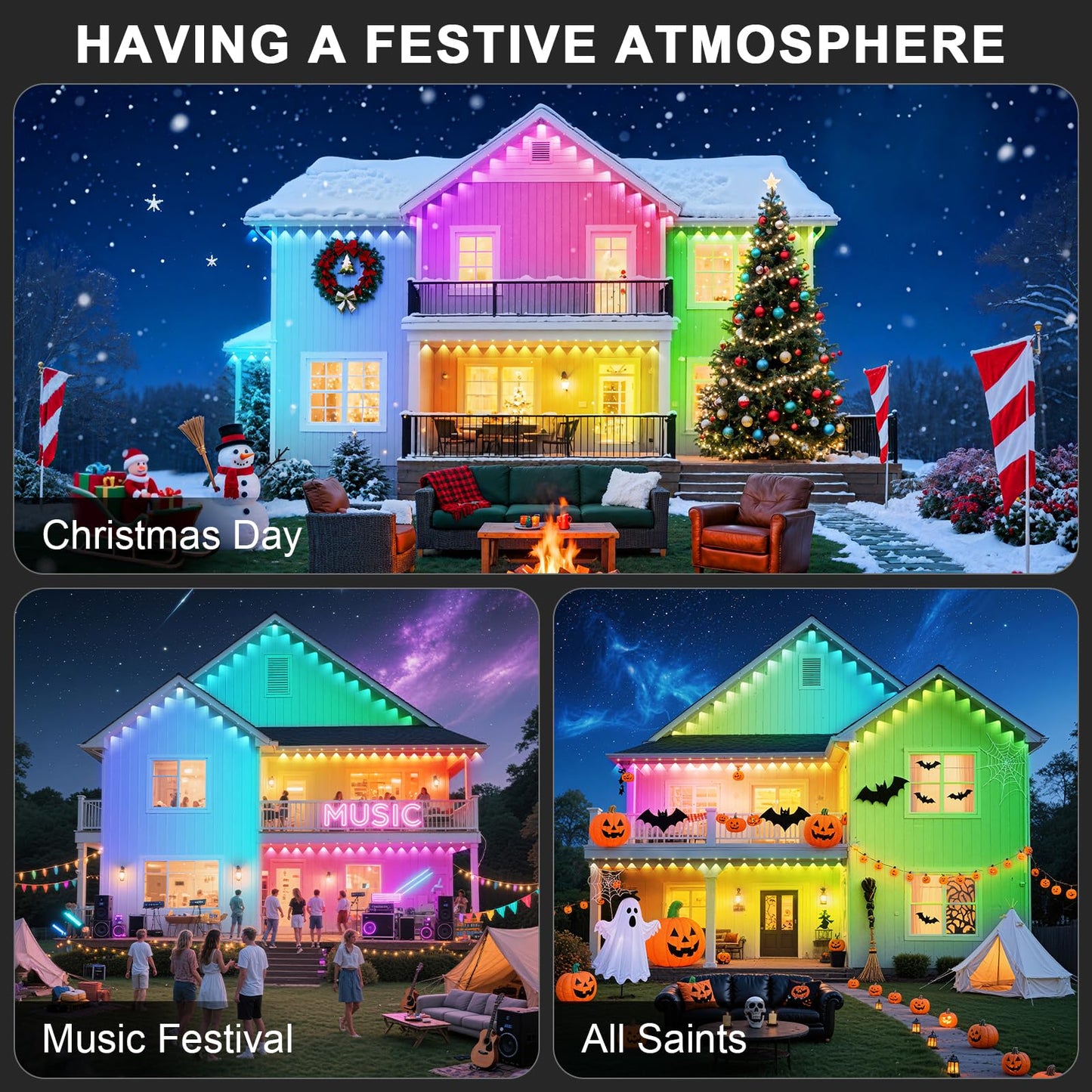 CETELUMA 150FT Permanent Outdoor RGB Lights - IP67 Waterproof with Smart App Control Remote,Music Synchronization,Eaves Lights for Garden Decor,Christmas