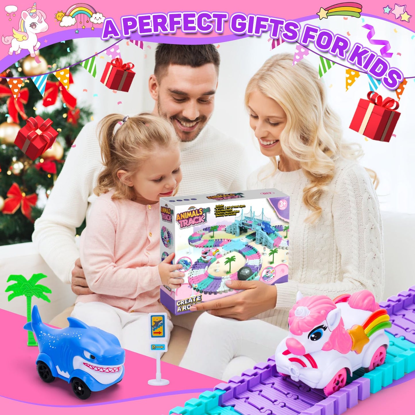 Race Track Toys for 3 4 5 Year Old Girls: Shark & Unicorn Gifts for Girls Kids Toys Age 4 5 6, Flexible Car Tracks Train Set Toddler Toy for 3 4 5 6 Year Old Girl Gifts Birthday Cadeau (194PCS)