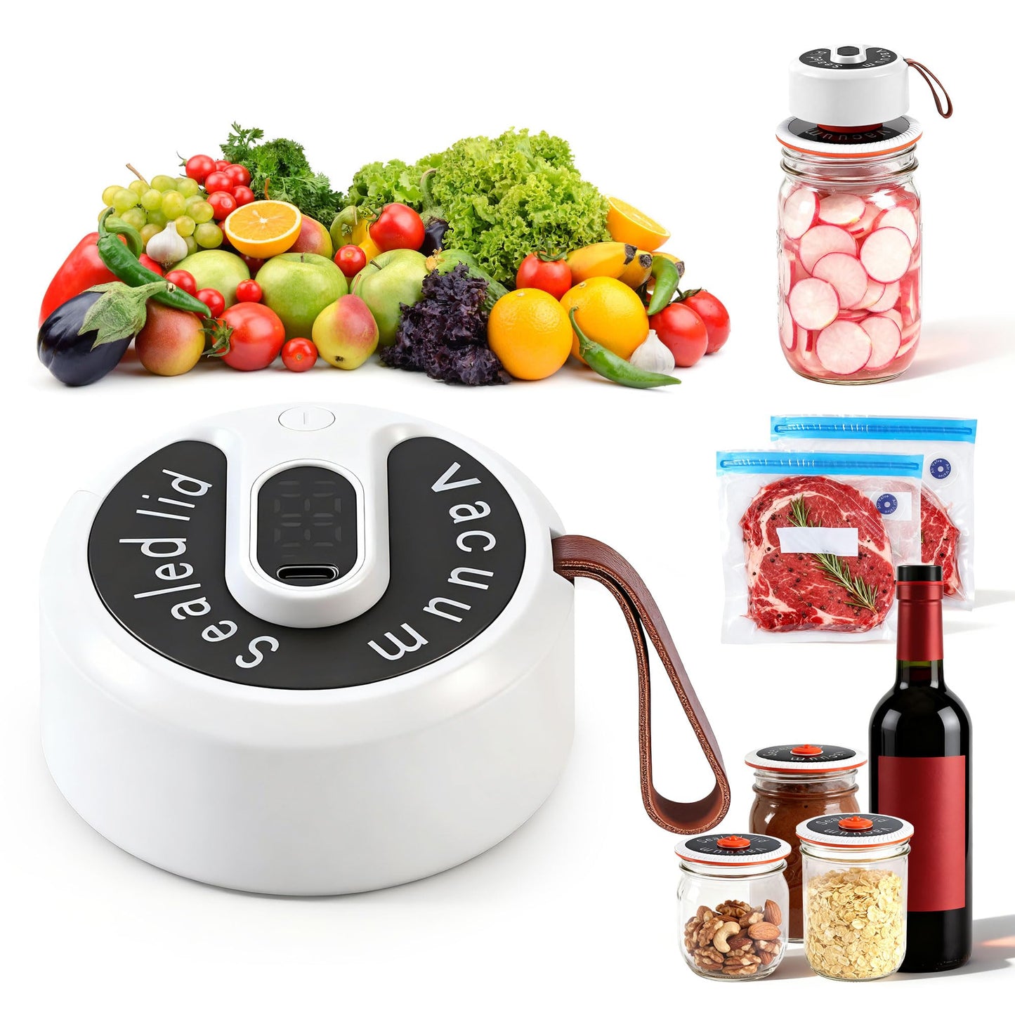 Electric Mason Jar Vacuum Sealer - Upgraded 3-in-1 Portable Vacuum Sealer Kit for Mason Jars, Vacuum Seal Bags & Containers - Ideal for Jams, Pickles, Dry Foods-White
