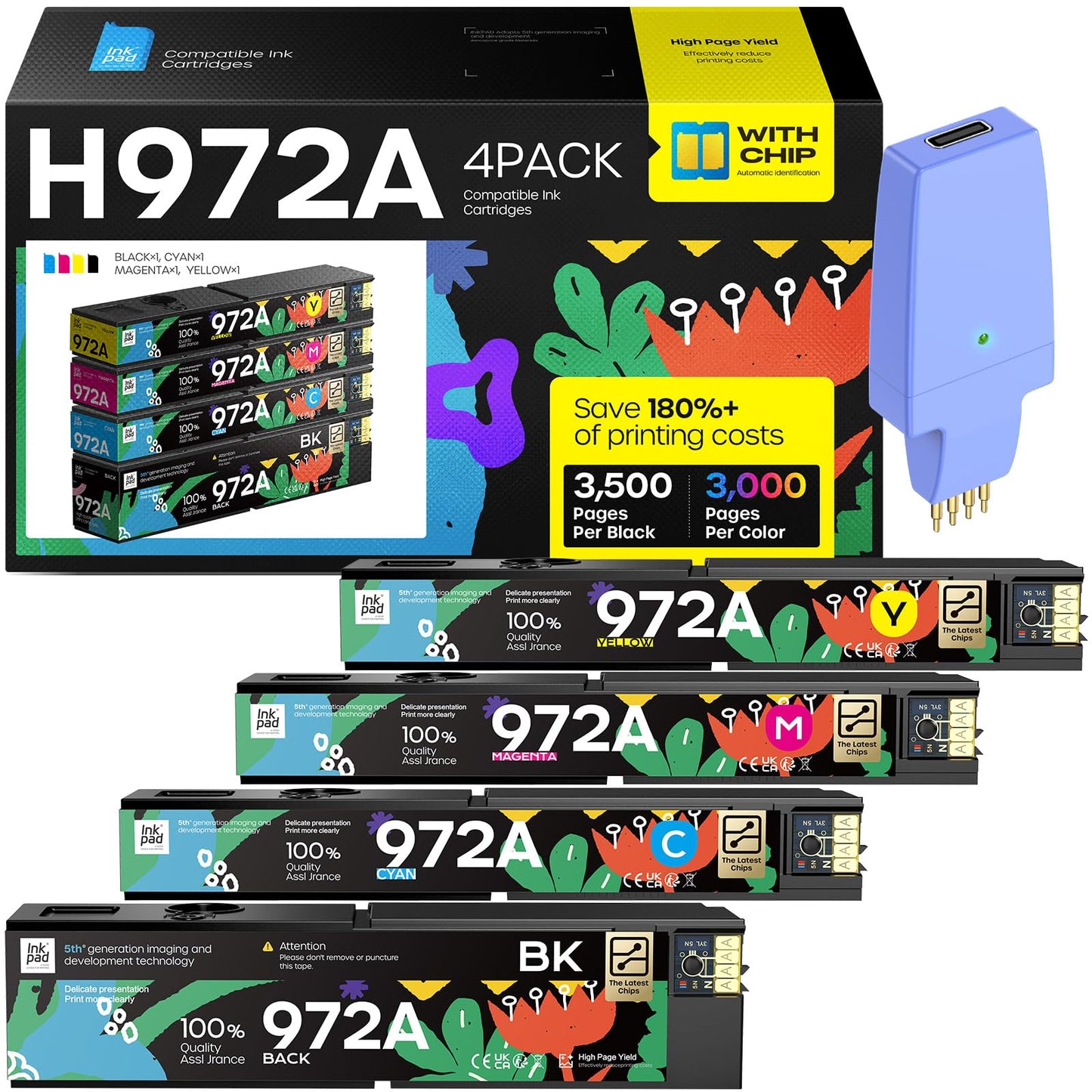 972A 972 A Ink Cartridge Compatible with HP PageWide MFP 377dw 377dn / PageWide Pro 452dw 452dn / PageWide Pro Multifunction 477dw 477dn 577dw 577z Printer (BCMY, 4 Pack)