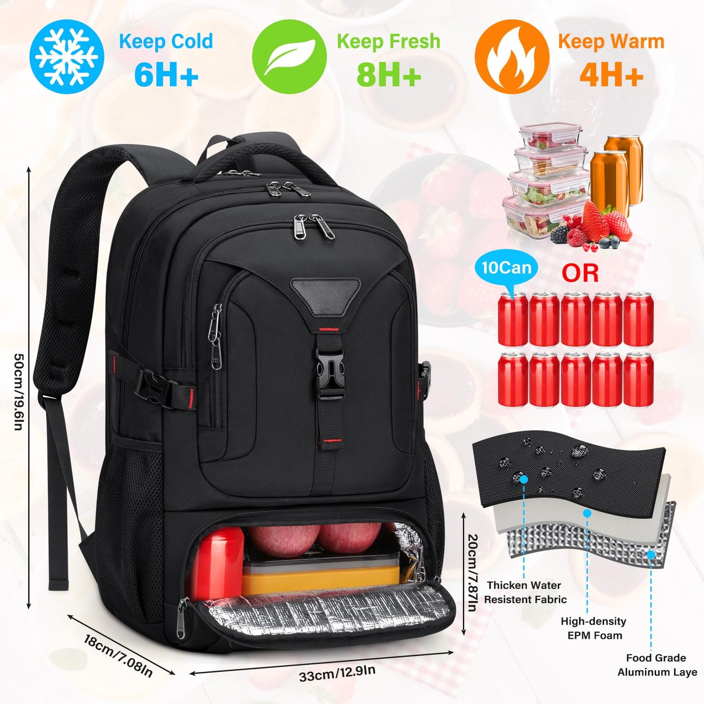NUBILY Lunch Backpack, 17.3 Inch Laptop Backpack with USB Charging Port 50L Travel Backpack for Men Women Backpack with Insulated Cooler Bag Waterproof Computer，Black Backpack for College, Work