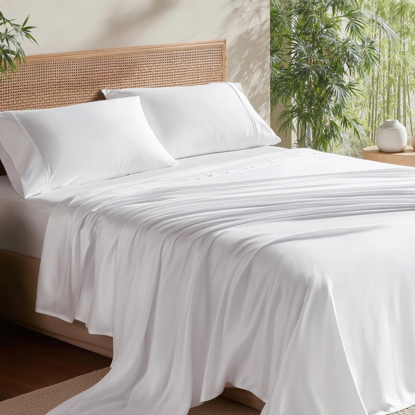 Bedsure 100% Rayon Derived from Bamboo Sheets King Size Set, Cooling Sheets for Hot Sleepers, Breathable & Soft King Bedsheets, Deep Pocket Up to 16 Inches, Bedsheet & Pillowcase Sets, White