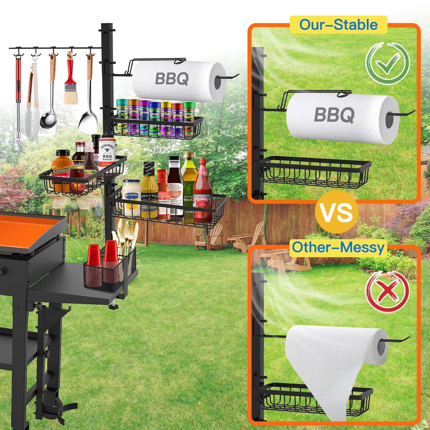 Concons Griddle Caddy Organizer for Blackstone Griddle Accessories, BBQ Grill Picnic Utensil Condiment Caddy with Paper Towel Holder, Outdoor Kitchen Accessories for Camper