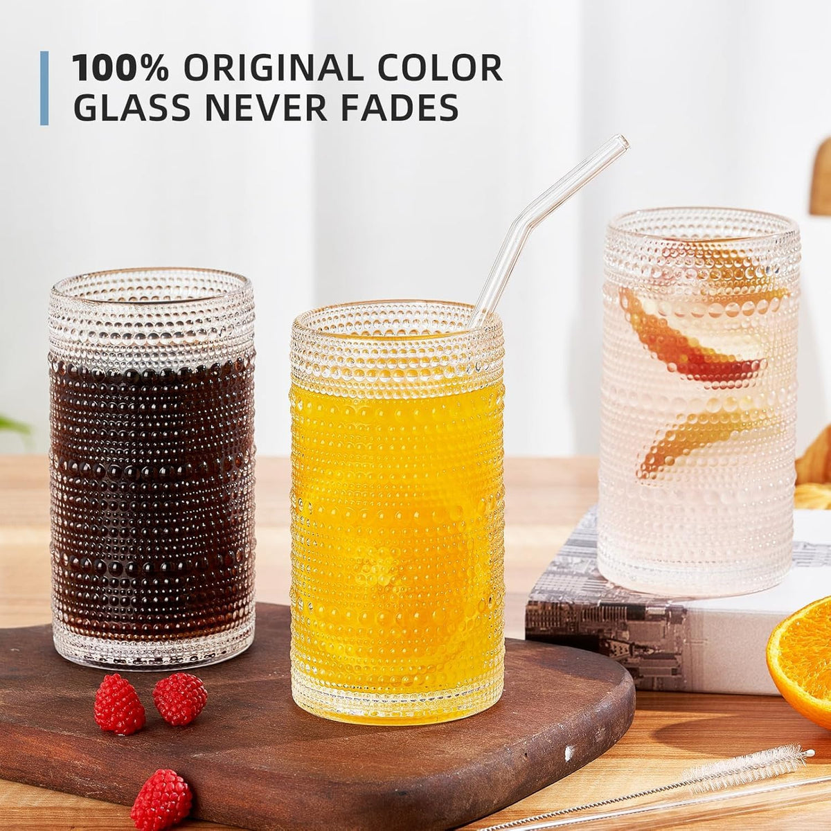 16oz Hobnail Drinking Glasses Set of 6, Vintage Large Capacity Embossed Clear Tumblers, Highball Glasses for Water, Cocktail, Beer, Whiskey, Juice & Bar Use (Clear)
