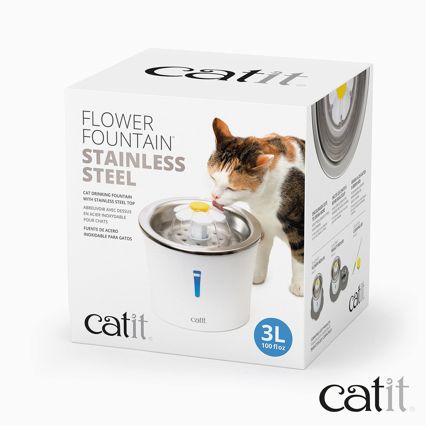 Catit Stainless Steel Top Flower, Cat Water Fountain, 3L White, Modern Cat Fountain, Triple Filtration, Fontaine Pour Chat, Pet Water Fountains, Perfect for Indoor Cats