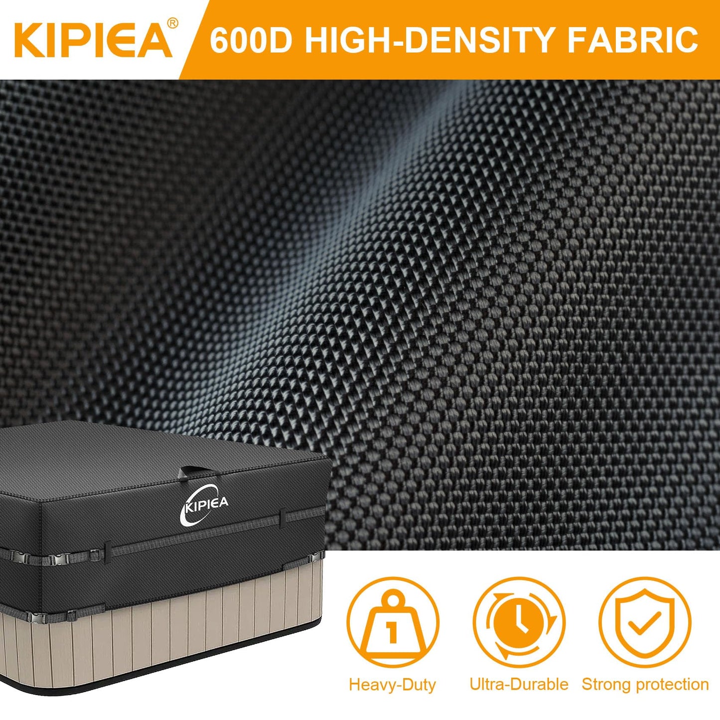 Kipiea 600D Outdoor Waterproof Square Hot Tub Cover Protector, Heavy Duty Polyester SPA Cover UV Protection Cover 76" L x 76" W x 20" H, Black