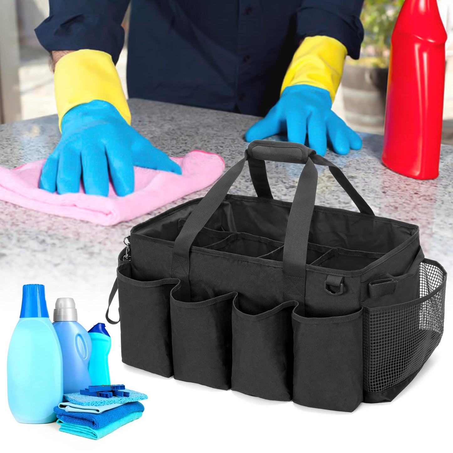 HODRANT Extra-Large Cleaning Caddy, Organizer with Handles for Cleaning Tools & Products Storage, Large Capacity Tote Bag for Car, Home & Housekeeping Work, Black