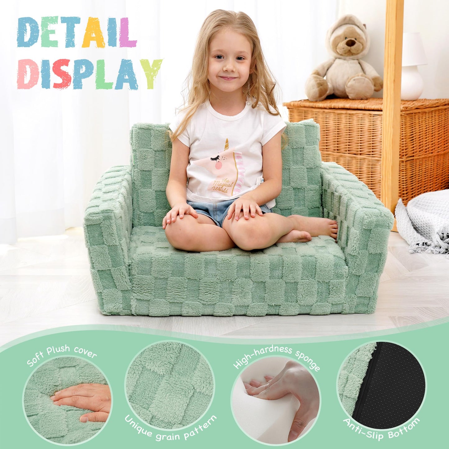 Toddler Couch for Kids, 2-in-1 Kids Fold Out Couch with Flip Open Sofa Lounger, Soft Flannel Kids Sofa Chair for Playroom Bedroom, Green