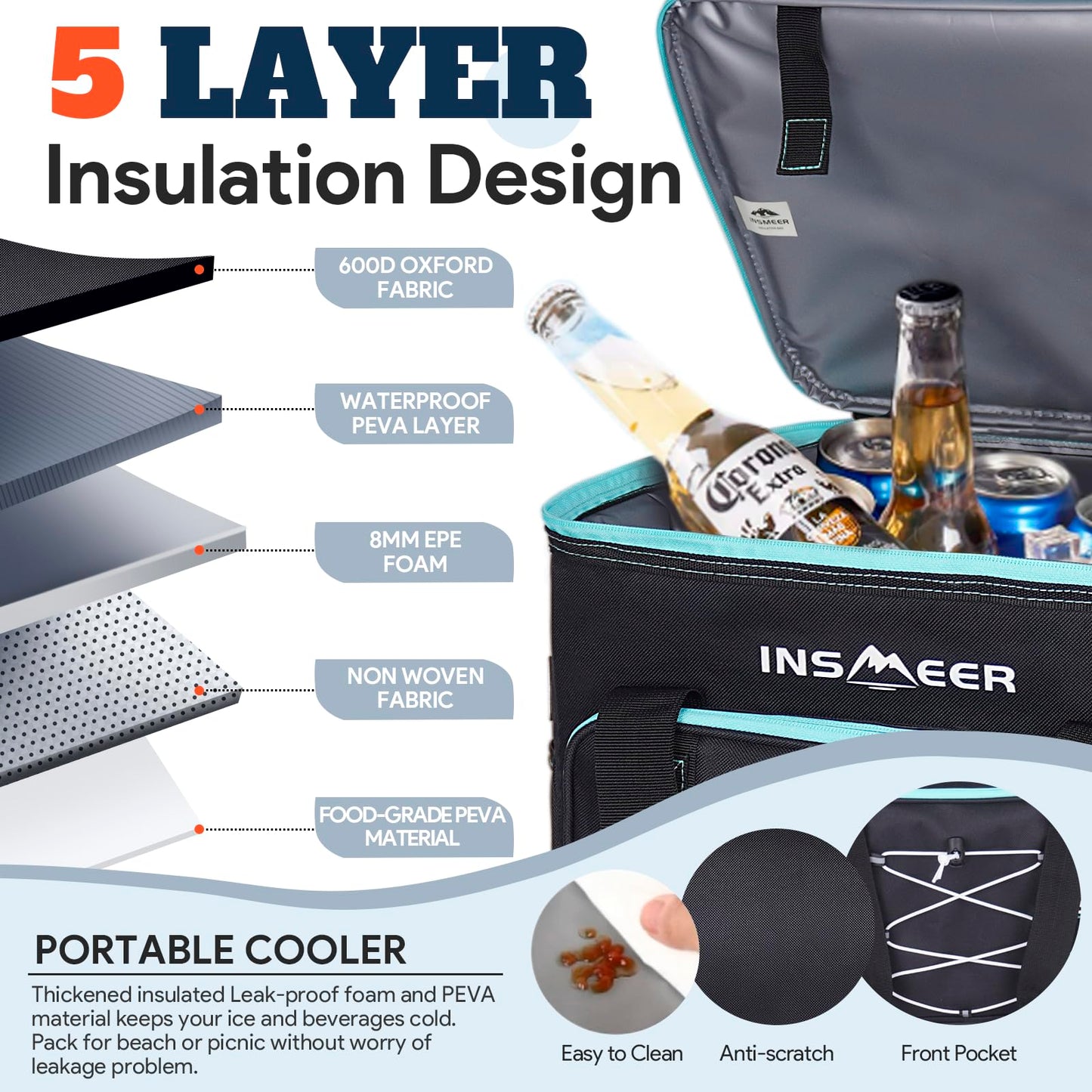 INSMEER Soft Cooler Bag, Collapsible Coolers Bag 60 Can/40L, Soft Sided Insulated Cooler Portable Leakproof Cooler for Grocery Shopping,Camping,Travel,Fishing-Black