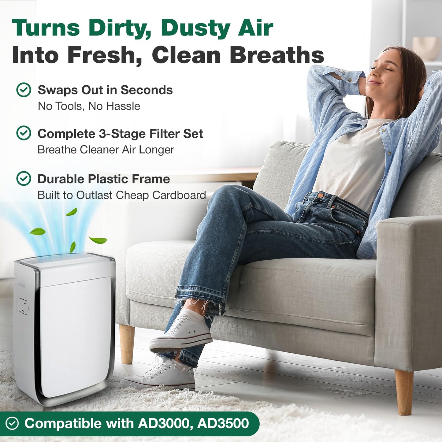 Air Purifier Filter Replacement – Compatible with Air Doctor AD3000 / AD3500 – Includes Efficient Air Filter Replacement for Home and Office - Third party-product (1 Filter and 2 Carbon Pre Filters)