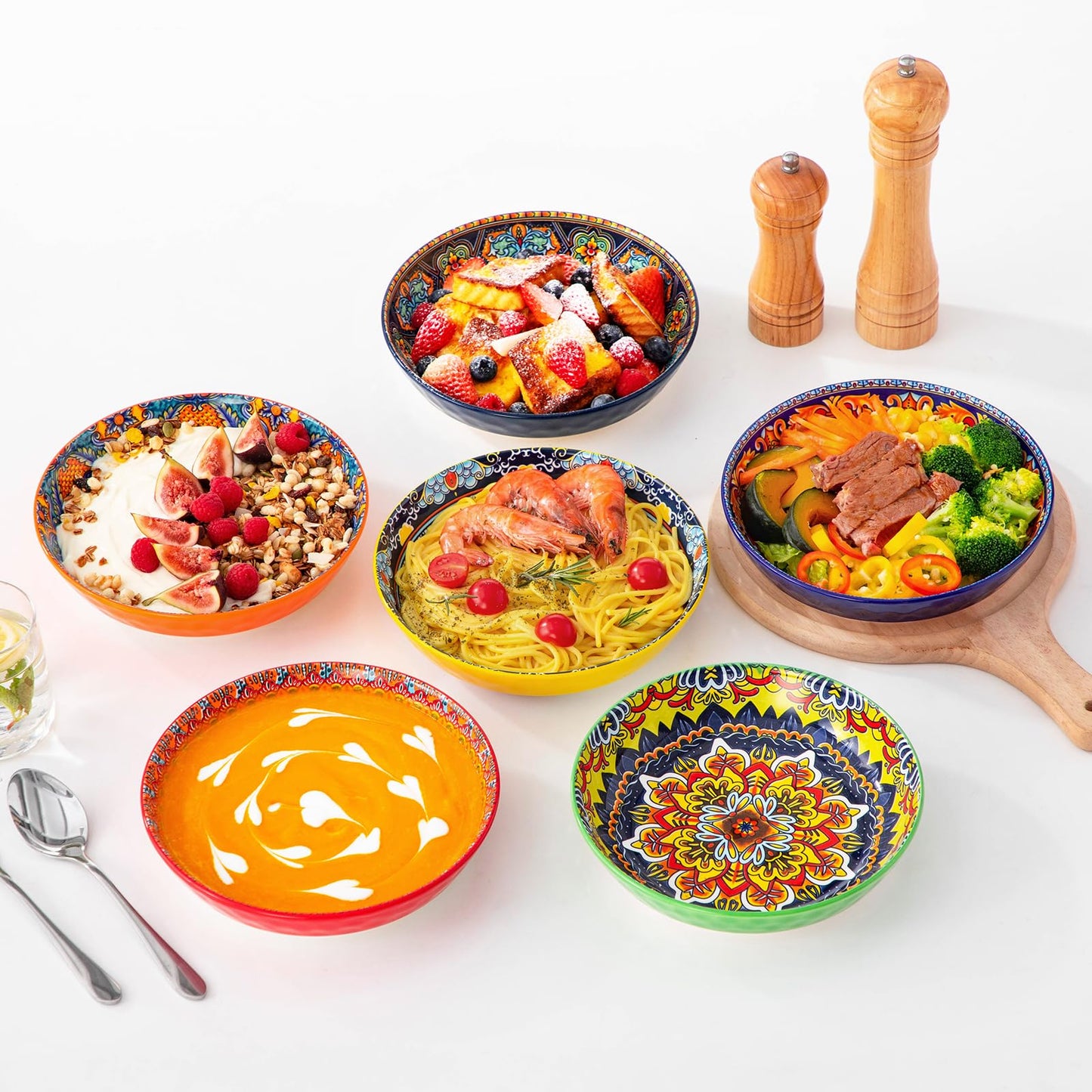 vancasso 32 Oz Pasta Bowls Sets of 6, Ceramic Large Colorful Salad Serving Bowls for Kitchen, Dishwasher & Microwave Safe, Pasta Plates, Dishwasher & Microwave Safe, Series KRVI