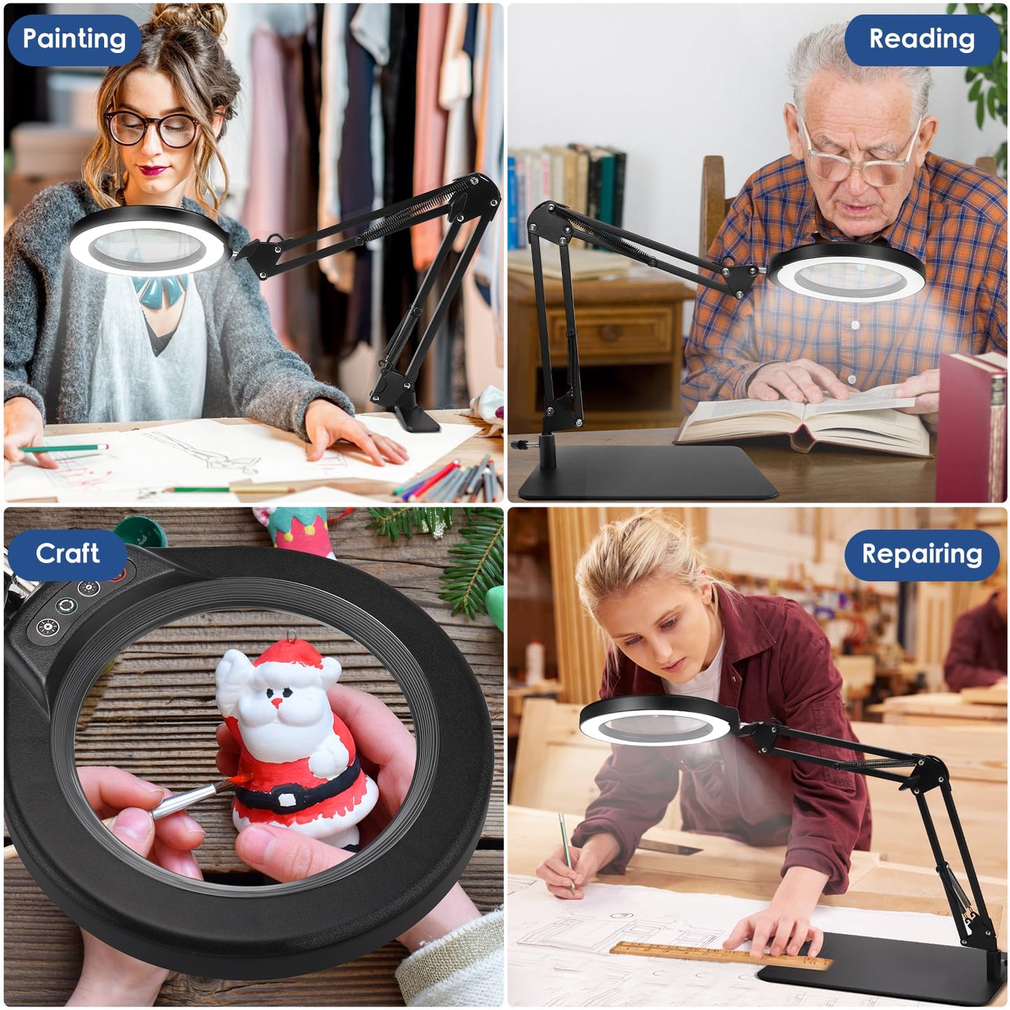 15X 5 Inch Large Magnifying Glass with Light and Stand, 2-in-1 LED Lighted Magnifier, 5 Color Modes Stepless Dimmable, Hands Free Magnifying Desk Lamp with Clamp for Craft Hobby Repair Close Works