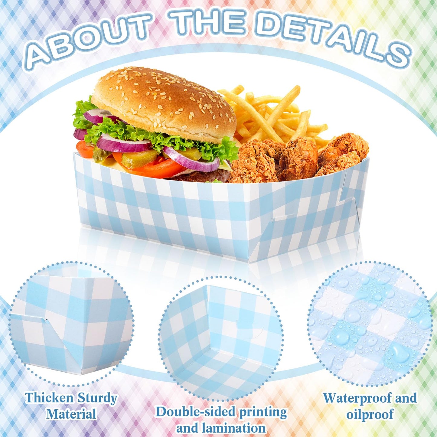 Suclain 36 Pack Light Blue and White Gingham Paper Trays 5 lb Grease Resistant Large Snack Serving Trays Disposable Food Boats for Christmas Wedding Party Baby Shower Supplies