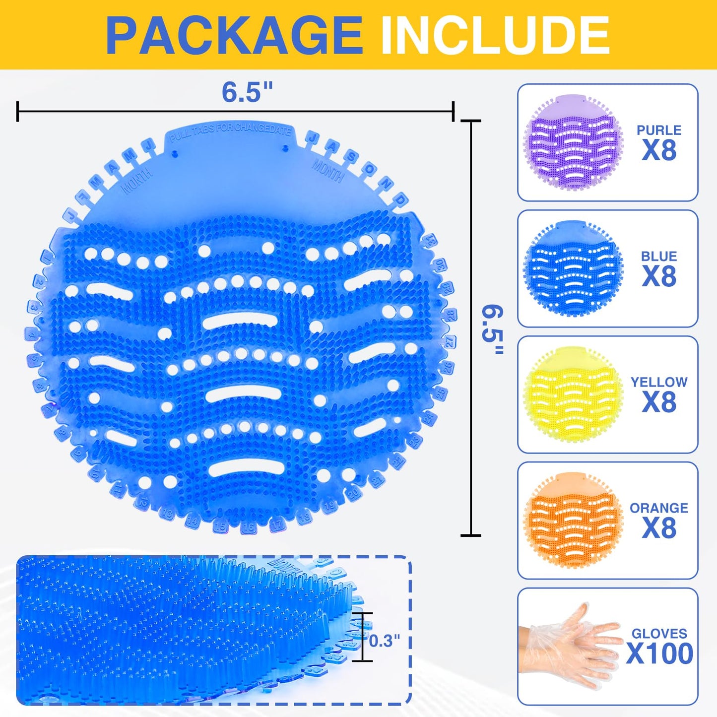 32 PACK Urinal Deodorizer Screen with 100 Gloves-3D Wave Anti-Splash Odor Protection Urinal Cakes for Men Toilets, Four Scents Urinal Mats