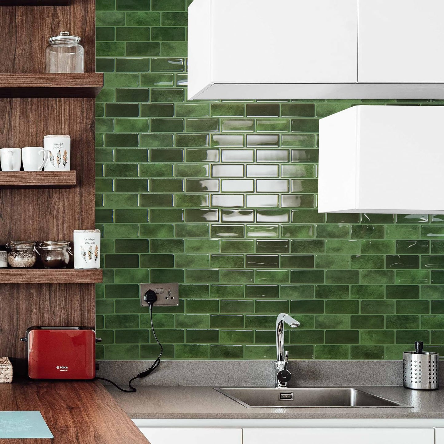 Art3d 10-Sheet Kitchen Backsplash Tiles Peel and Stick, Self Adhesive Wall Tile Sticker for Kitchen Island Bathroom Laundry Room RV Renter 12" x 12" - Jade Green