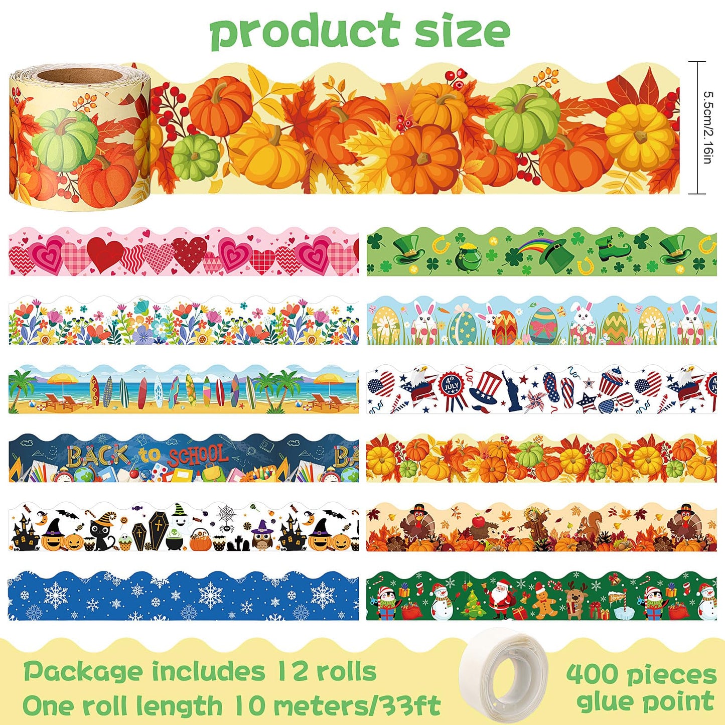 Geyee 12 Rolls 394 ft Holiday Bulletin Board Borders Seasonal Bulletin Board Decorations Summer Beach Trim for School Classroom Wall Decor