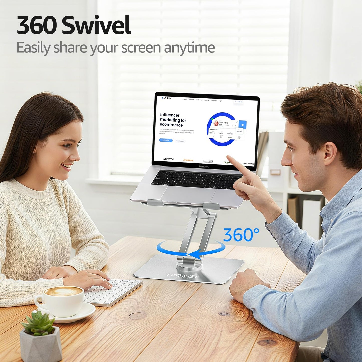 Urmust Adjustable Laptop Stand, Ergonomic with 360° Rotating Base, Foldable & Portable Laptop Riser, Compatible with MacBook, Dell, HP, Lenovo, and Other 10-17" Laptops (Silver)