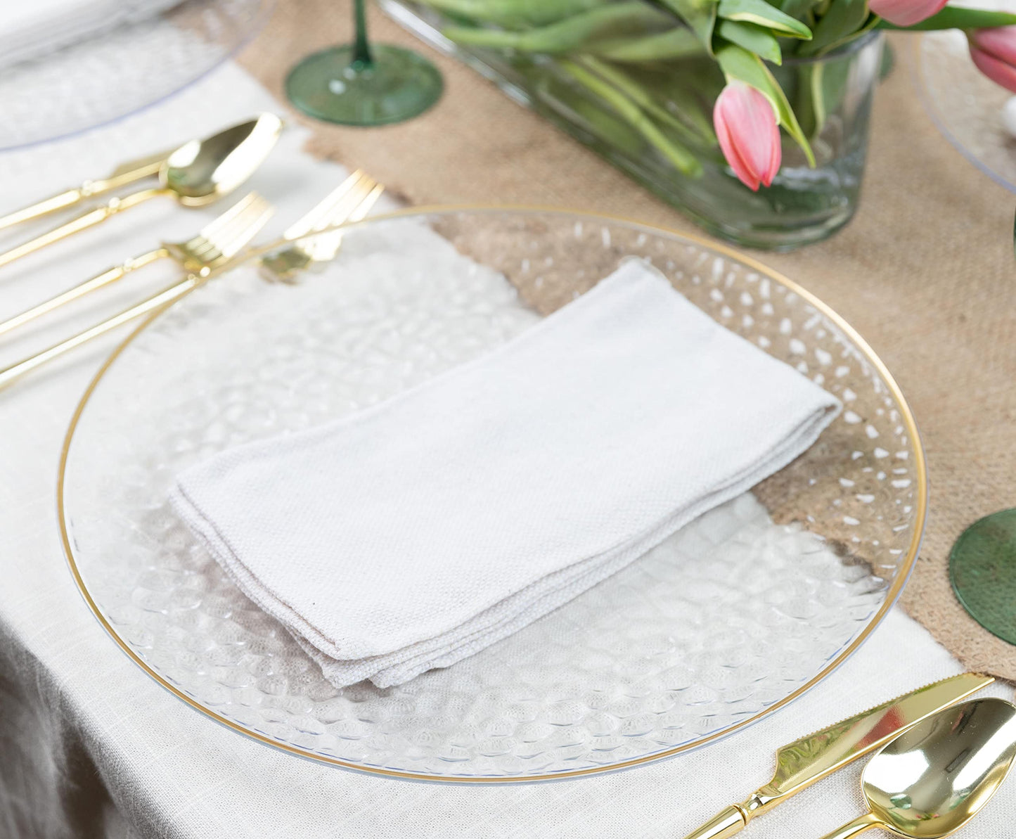 [Clear Hammered With Gold Rim 8 Pack] 13'' Charger Plates Clear Hammered With Gold Rim Plastic Heavy Duty Disposable Dinner Chargers Serveware Dishes Platters Tableware for parties, Weddings