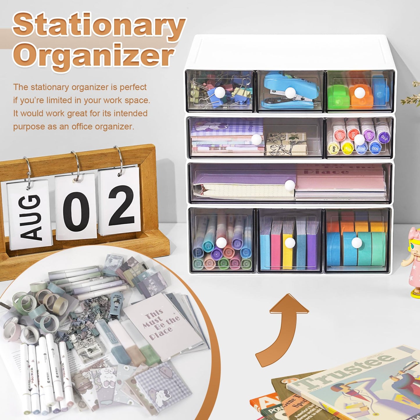 Desk Organizer with 9 Drawers, 4 Tier Plastic Stackable Storage Drawers for Desk Storage, Office Stationary Makeup Organizer Suit for Home, Office and School (White)