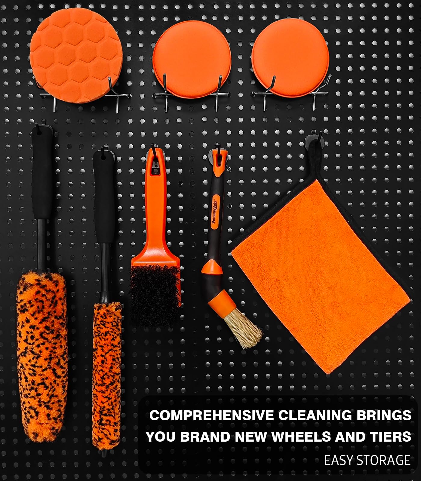 YeewayVeh 8PCS Wheel Brush Kit, Pro Synthetic Wool Rim Cleaner & Tire Brush Set, Scratch-Free Bendable Wheel Cleaning Brushes for Rims & Spokes, with Tire Shine Applicator & Detailing Brush, Orange