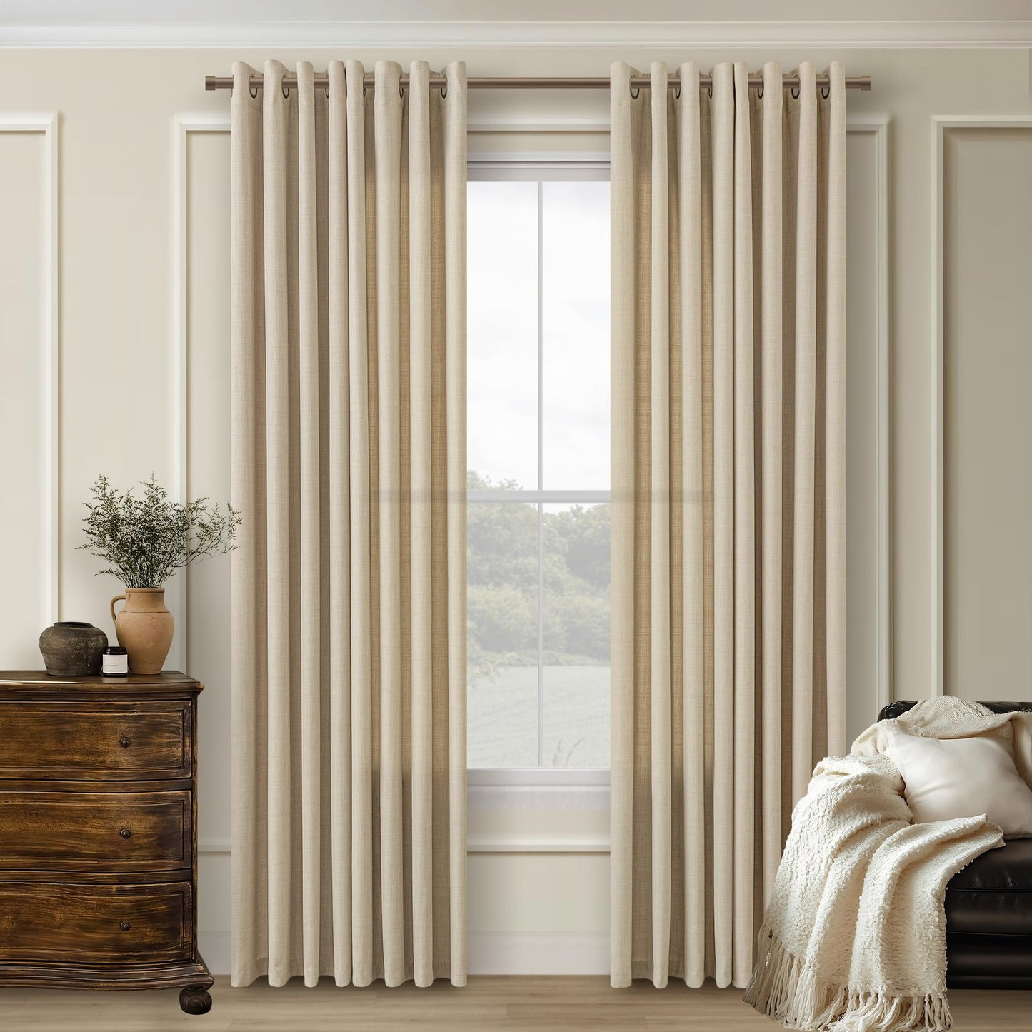 Oatmeal Semi Sheer Linen Curtains 84 Inches Long, Bronze Grommet Sand Beige Privacy Light Filtering Bay Window Patio Door Farmhouse Boho Neutral 84 Inch Curtains for Bedroom Living Room Warm Beige