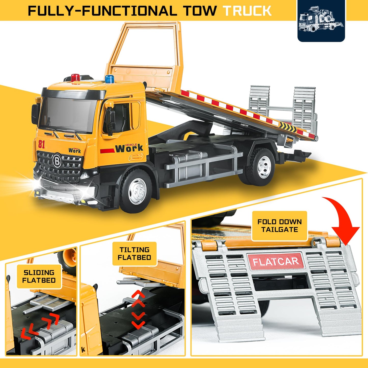 ID Gerilla Tow Truck Toy Metal Cab, Flatbed Tow Truck Toys for Boys Age 3-5 with Backhoe Loader, Friction Powered Transport Trailers with Lights, Sounds, Construction Vehicles for Kids Birthday