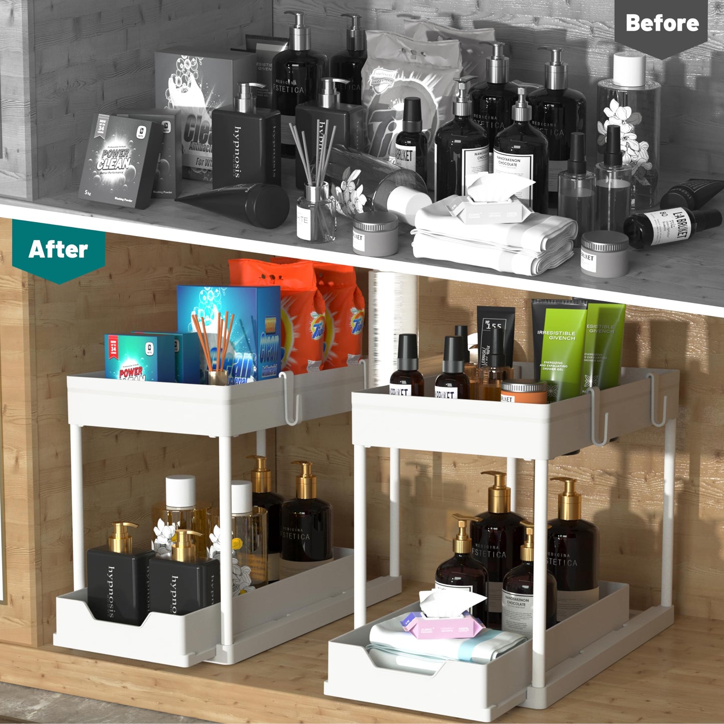 MEAFBIRD 2 Pack Under Sink Organizer, 2 Tier Bathroom Cabinet Organizer with Sliding Basket, Multi-Purpose Under Sink Organizers and Storage for Bathroom Kitchen (White 2)