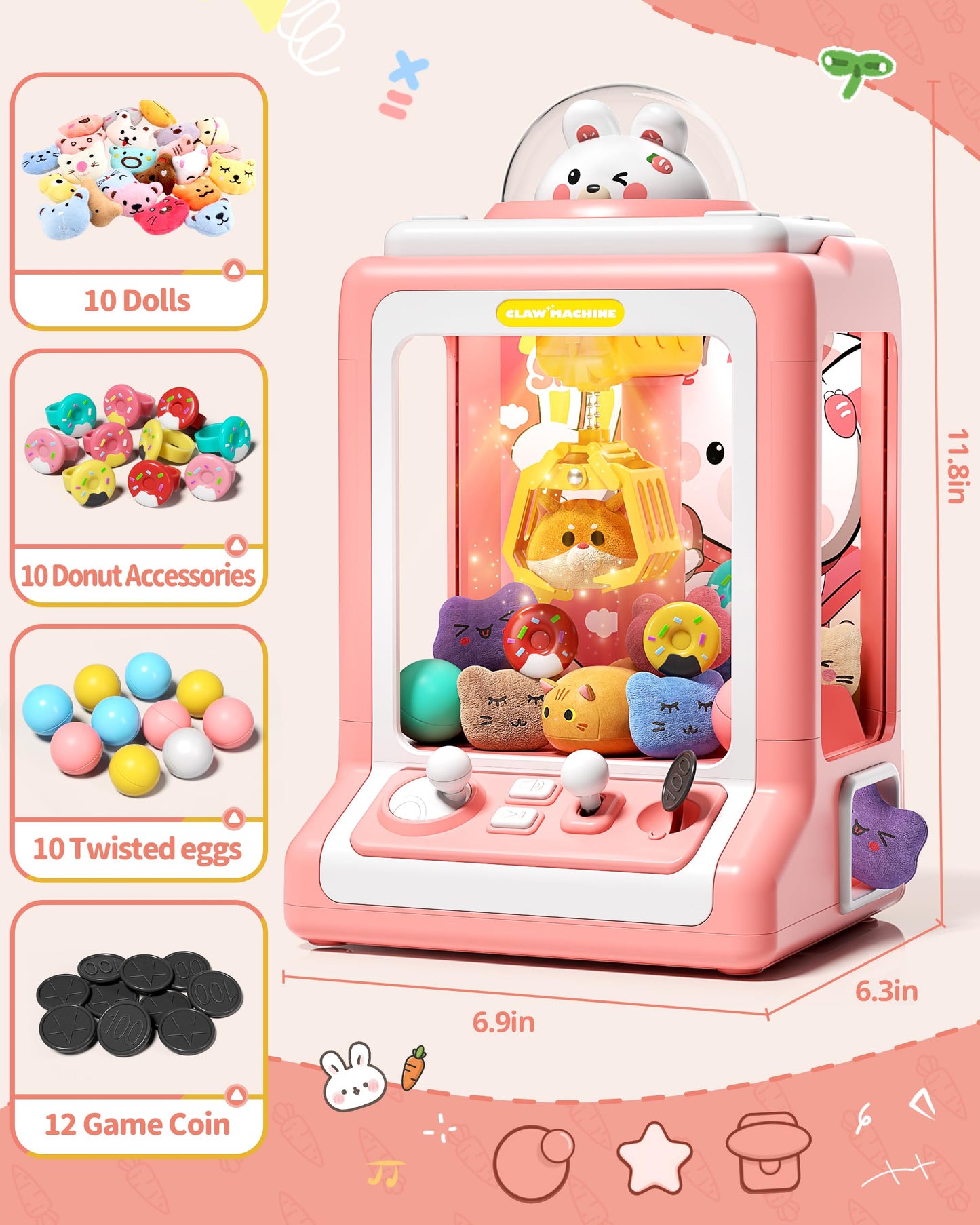 Rabbit Claw Machine for Kids, Mini Vending Machine with Game Coins & Music, Prize Dispenser Toys for Girls and Boys, Electronic Claw Game Machine for Party Birthdays, Includes 30 Mini Toys