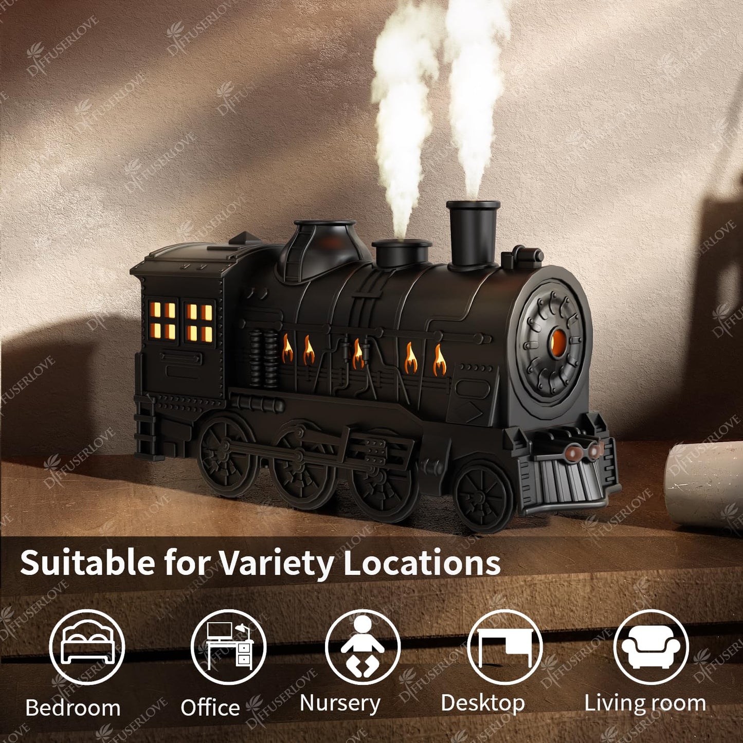 Diffuserlove Essential Oil Diffuser 300ML Train Cool Mist Humidifier Quiet Aromatherapy Diffuser with Night Light for Bedroom Desk